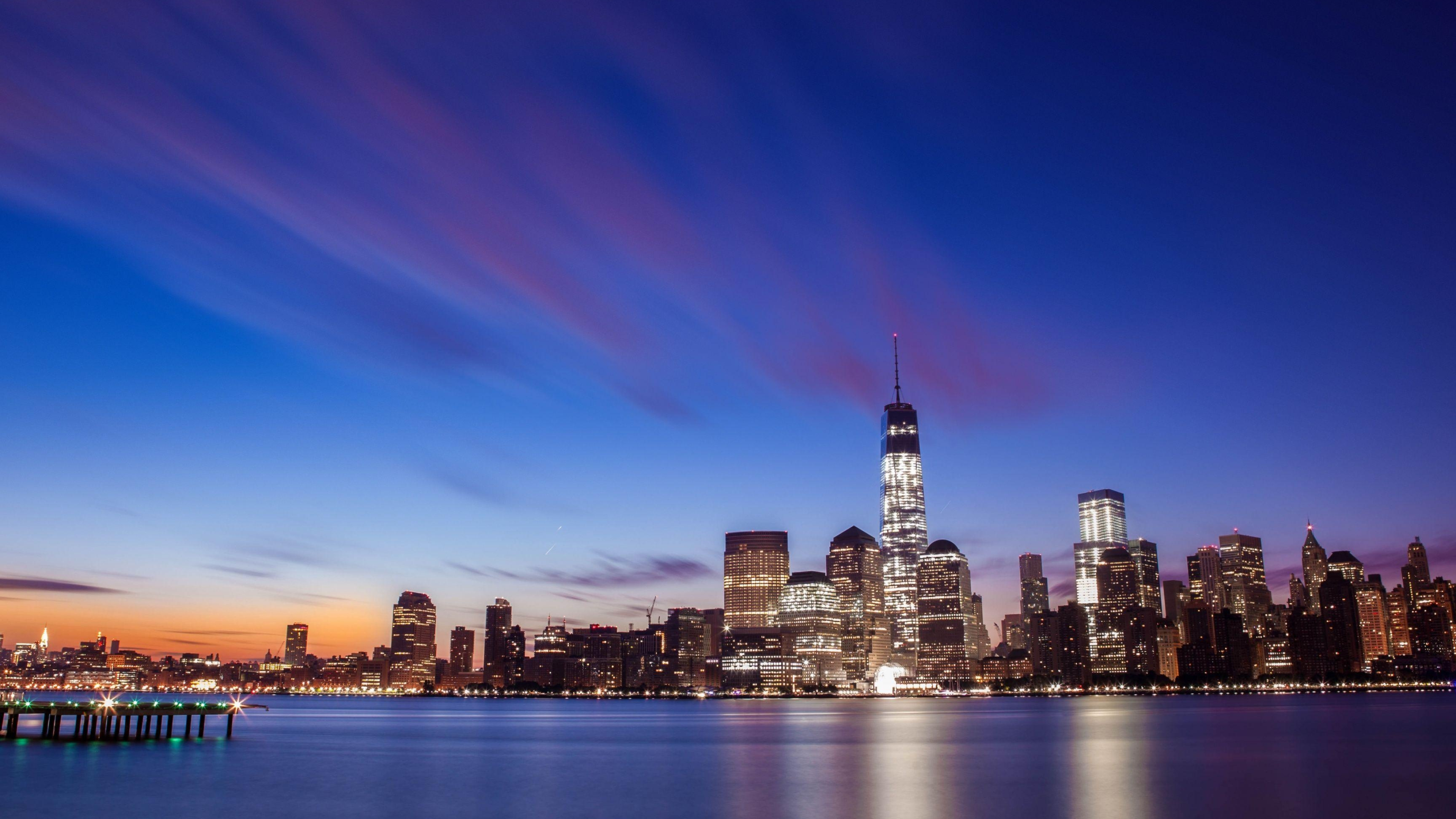 New York: Lower Manhattan by night, City skyline. 3840x2160 4K Wallpaper.