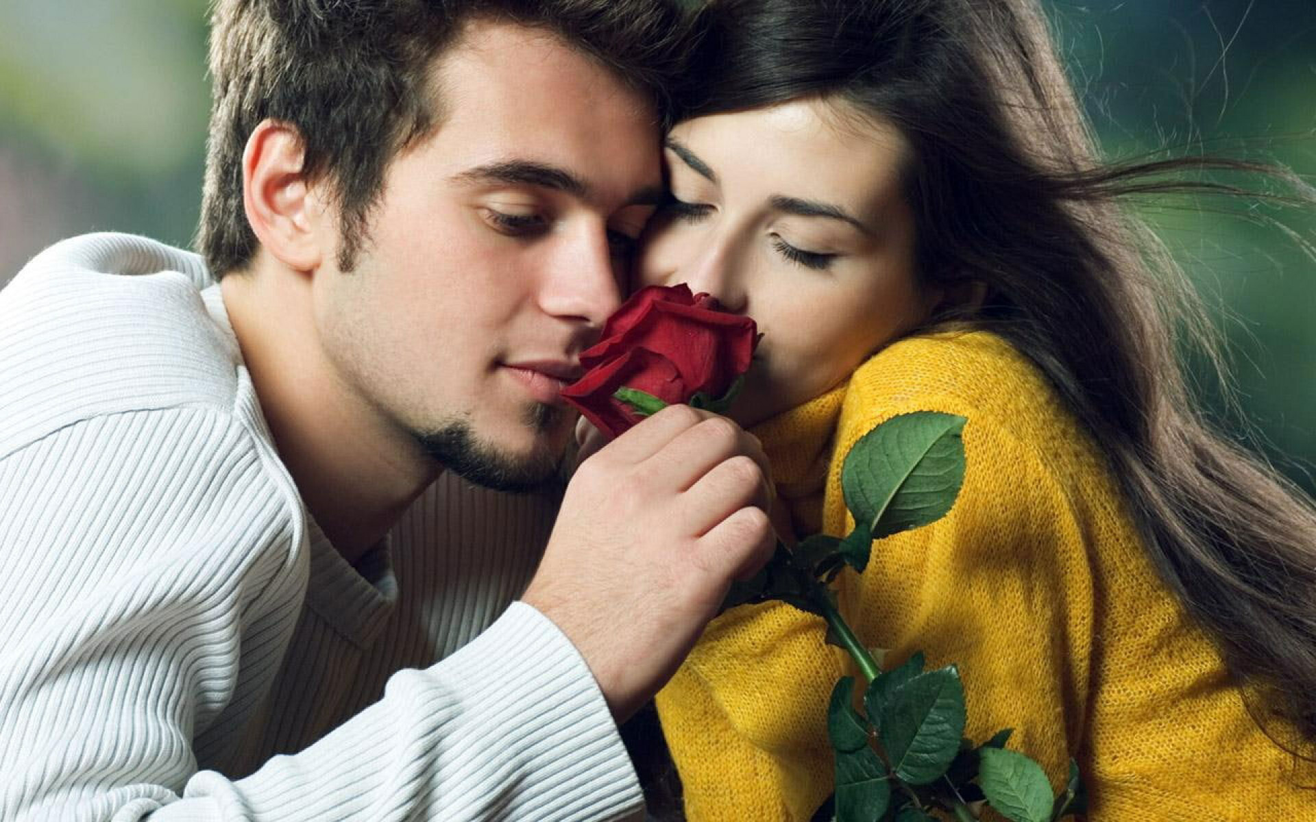 Romantic rose hug, Sweater-clad couple, Tender affection, Love in the air, 1920x1200 HD Desktop