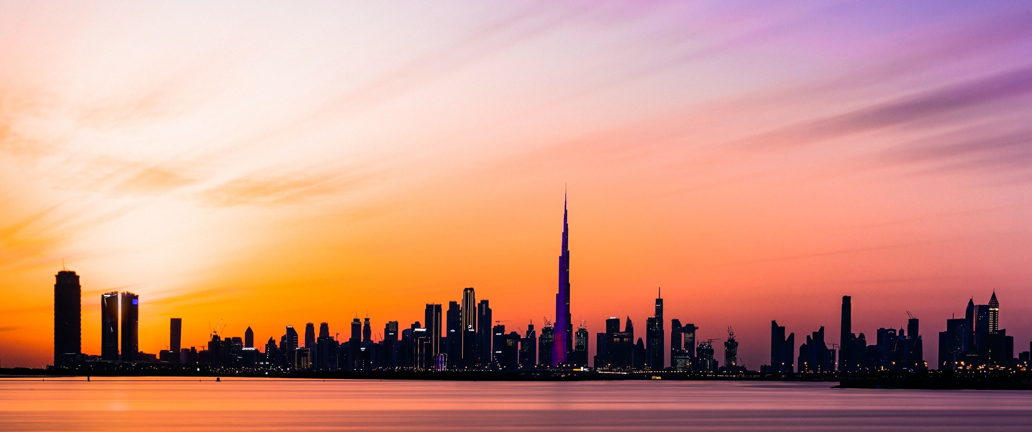 Dubai skyline, Burj Khalifa, City silhouette, Night time scenery, 3440x1440 Dual Screen Desktop