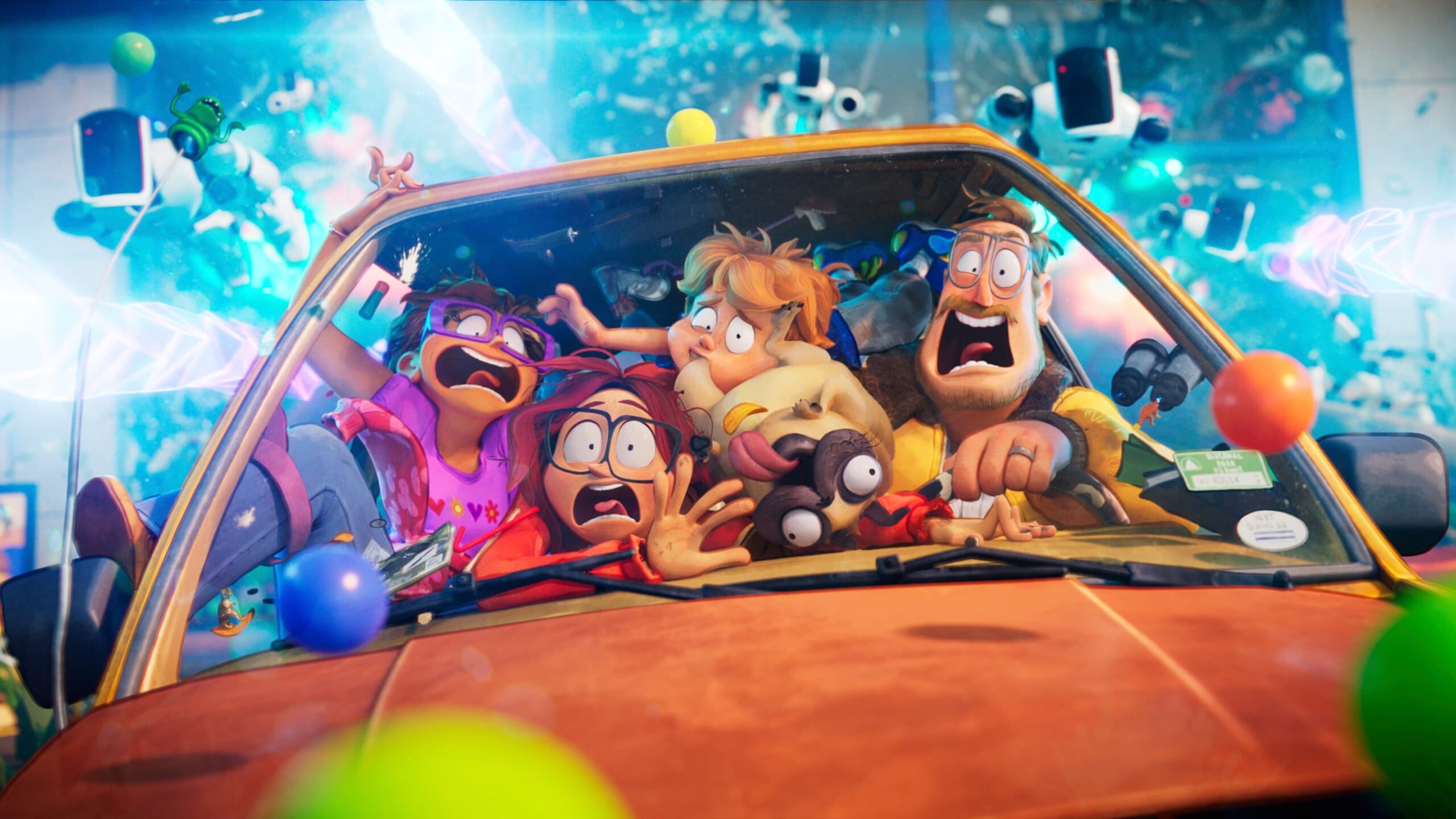 The Mitchells vs. the Machines: Linda, Aaron, Rick, Katie, Monchi, Sony Pictures Animation. 2560x1440 HD Wallpaper.