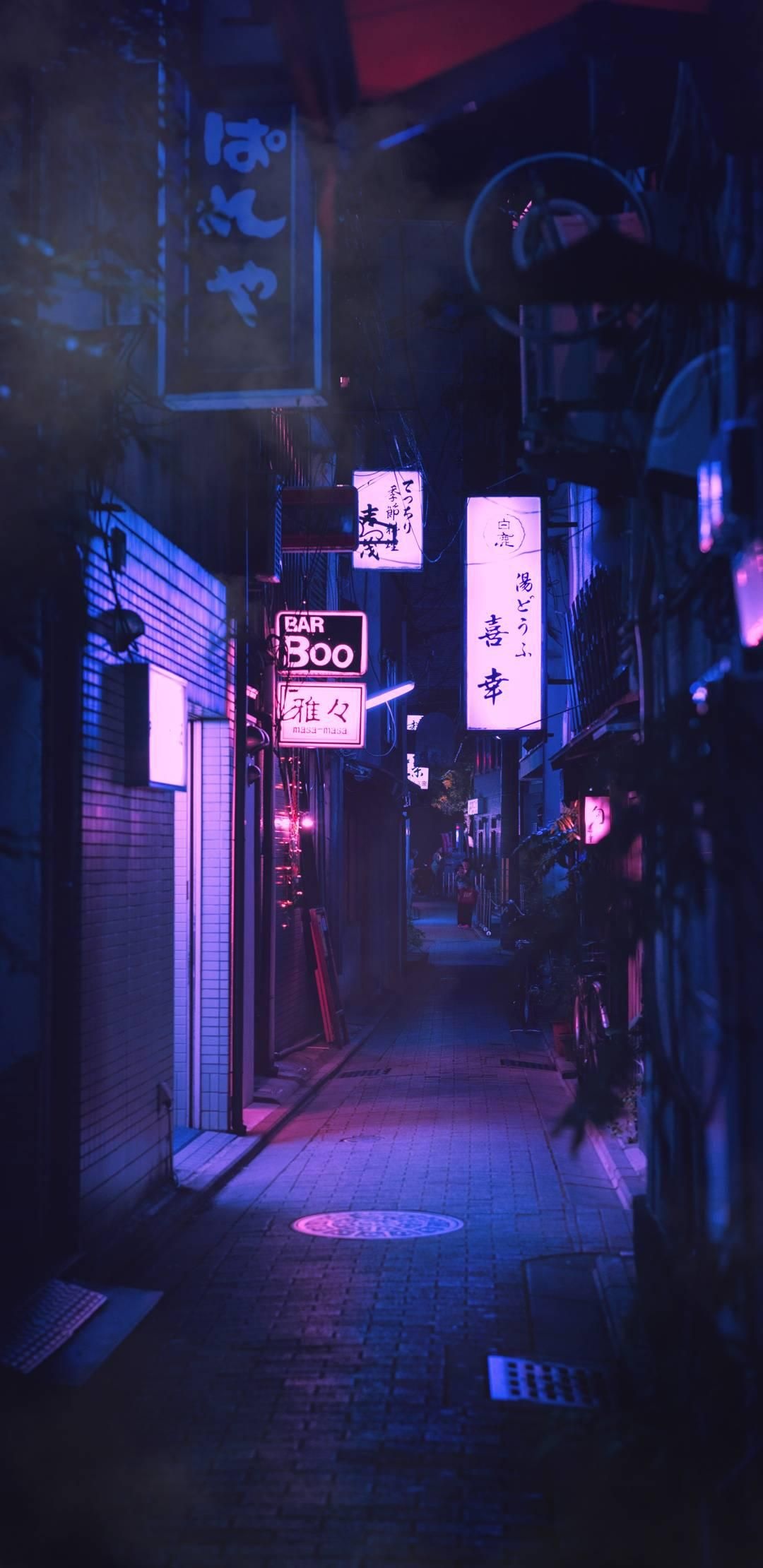 Alley: Bar Boo at the Tokyo street, Neon signboard at night, Japanese architecture, Neo Tokyo. 1080x2220 HD Background.