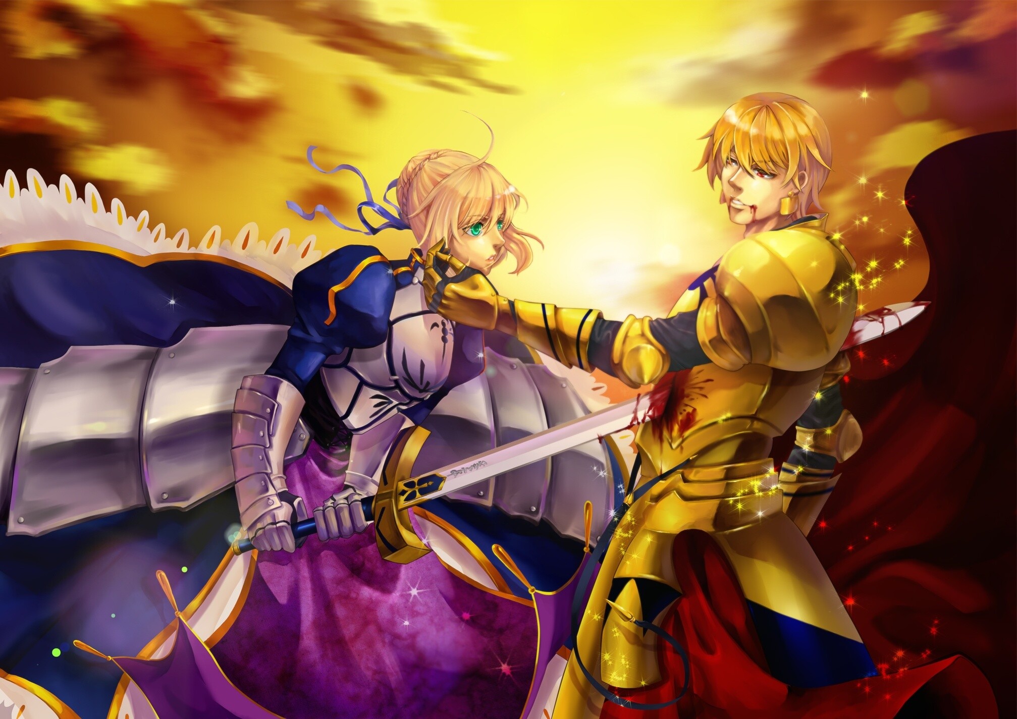 Gilgamesh (Fate/Zero): Saber, Sword fight, A fictional character from the Japanese 2004 visual novel Fate/stay night by Type-Moon. 2020x1430 HD Background.