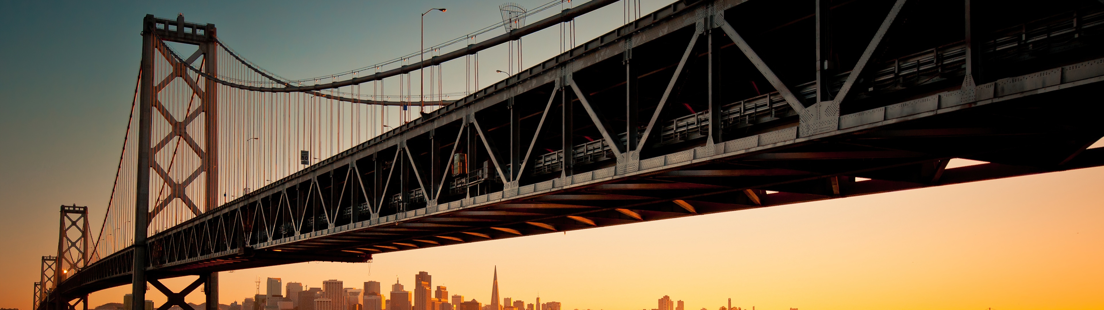 San Francisco Oakland Bay Bridge, Downtown sunset, 3840x1080 Dual Screen Desktop