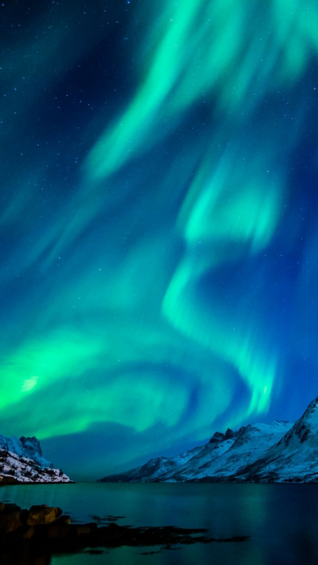 Aurora Borealis: Auroras, visible at night, appear in lower polar regions. 1080x1920 Full HD Wallpaper.
