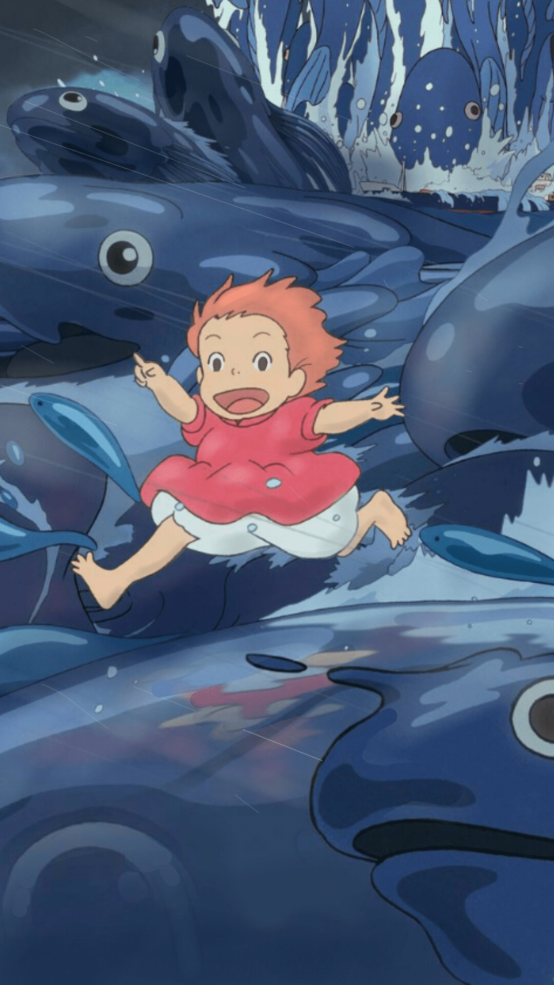 Ponyo: An animated film about the friendship between five-year-old Sosuke and a magical goldfish. 1080x1920 Full HD Wallpaper.