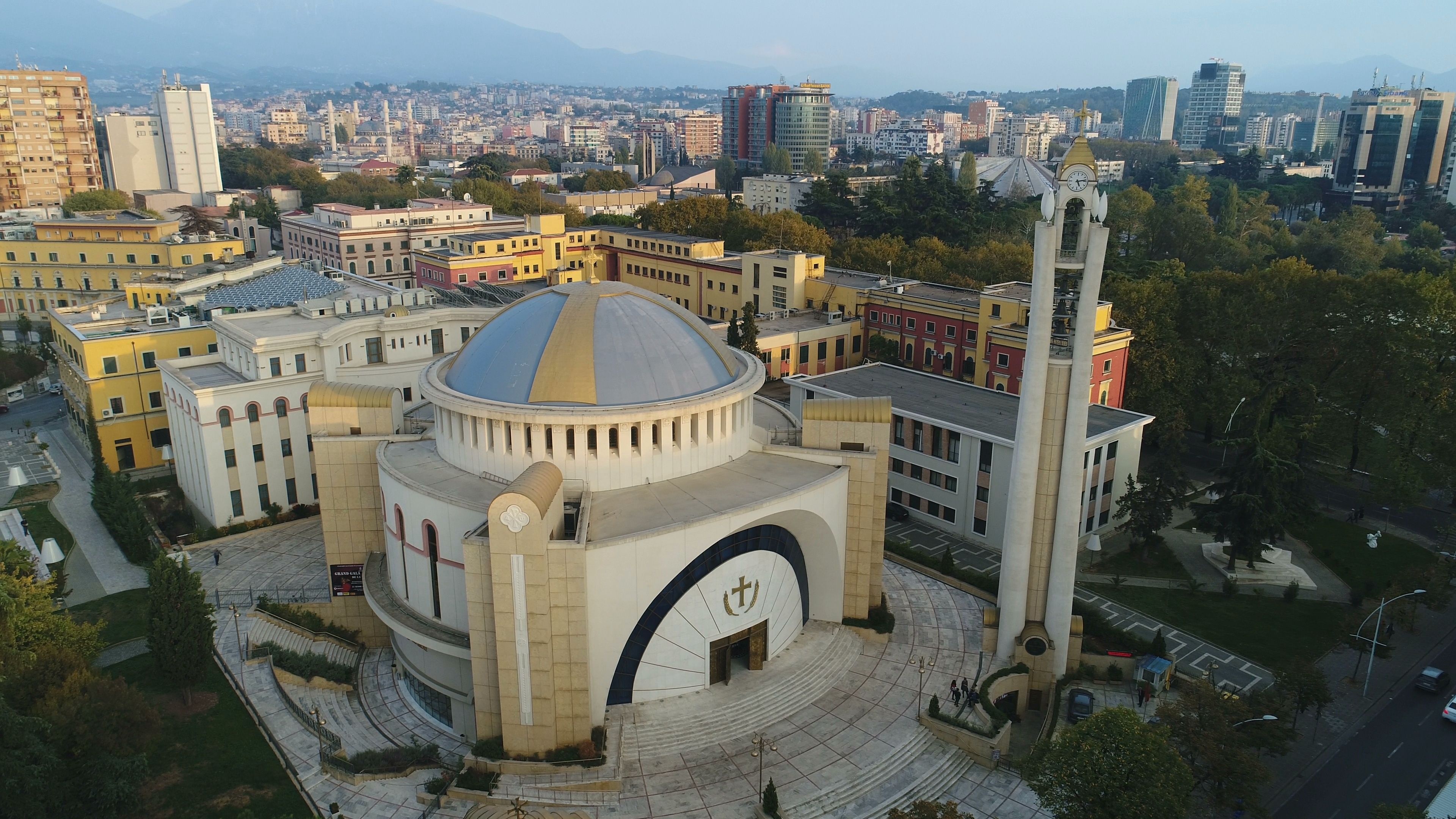 Tirana (Albania), Drone flight, Orthodox resurrection cathedral, Stock footage, 3840x2160 4K Desktop