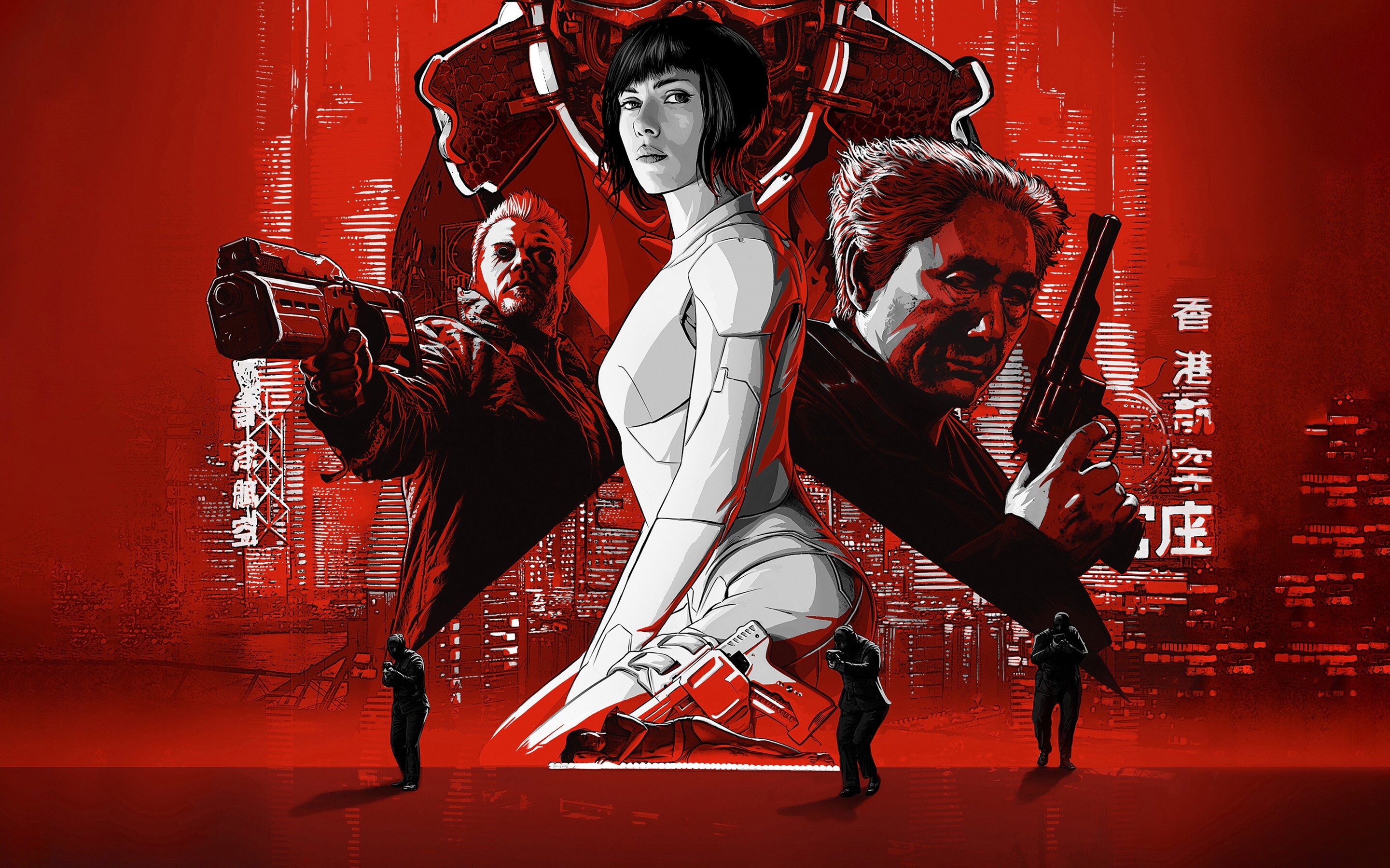 Ghost in the Shell (Movie): Manga-style poster, Takeshi Kitano, Scarlett Johansson, Michael Carmen Pitt, Lasarus Ratuere. 2880x1800 HD Background.