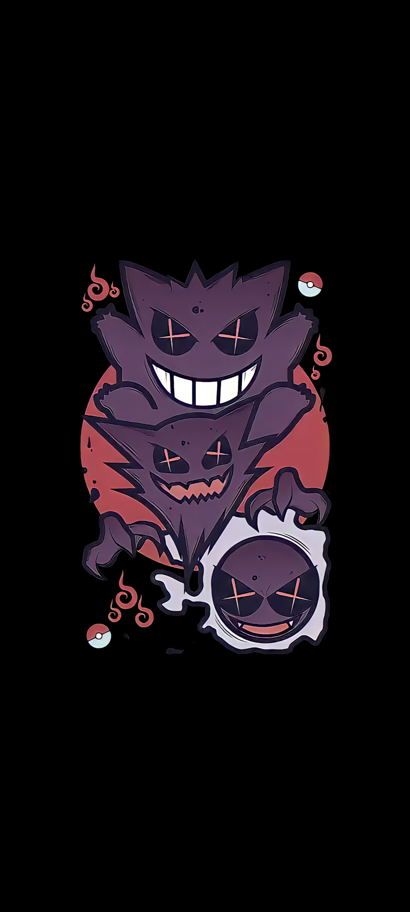 Gengar: Pokemon evolution from Gastly and Haunter, Gastly's appearance: a dark sphere surrounded by light purple gas. 1440x3200 HD Background.