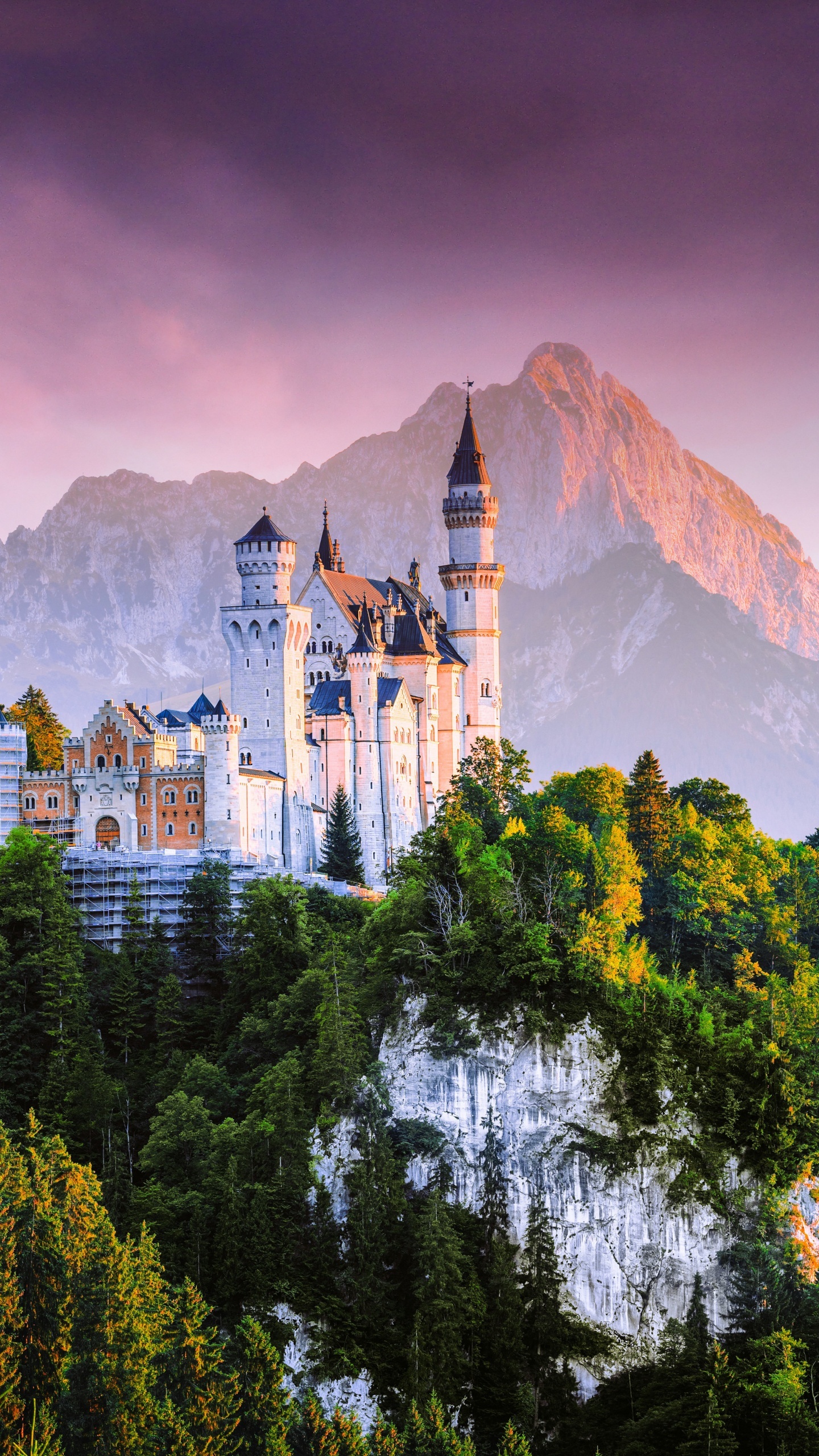 Castle: Schloss Neuschwanstein, situated at the edge of the alps next to the town of Füssen, Ancient architecture. 1440x2560 HD Wallpaper.