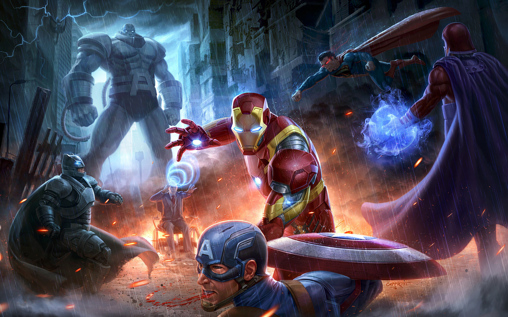 DC vs. Marvel: Superheroes fight, Avengers vs Justice League, Magneto, Professor X, Batman, Superman. 1920x1200 HD Wallpaper.