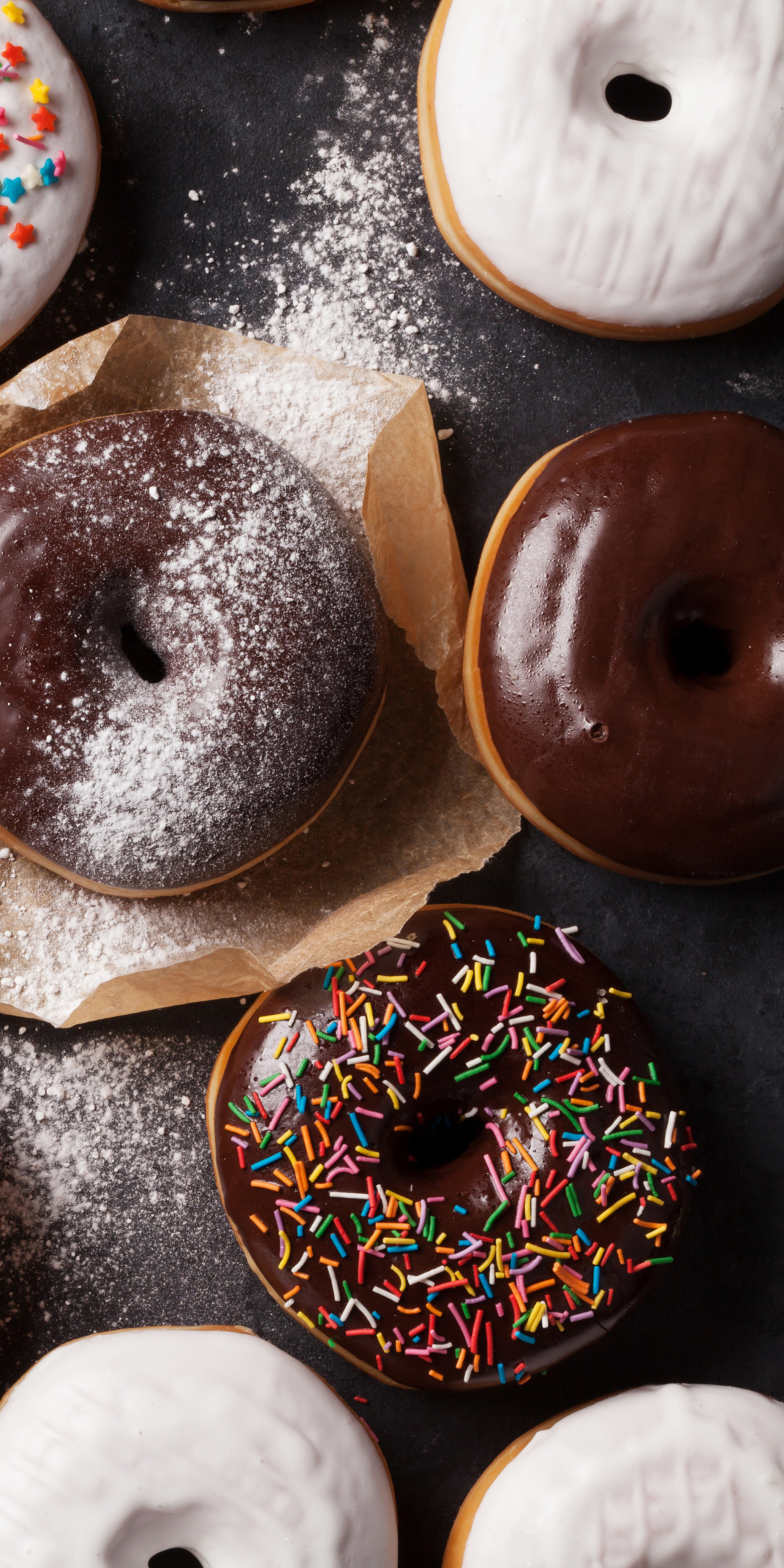 Donut: Quick and convenient food for a snack or dessert. 1080x2160 HD Background.