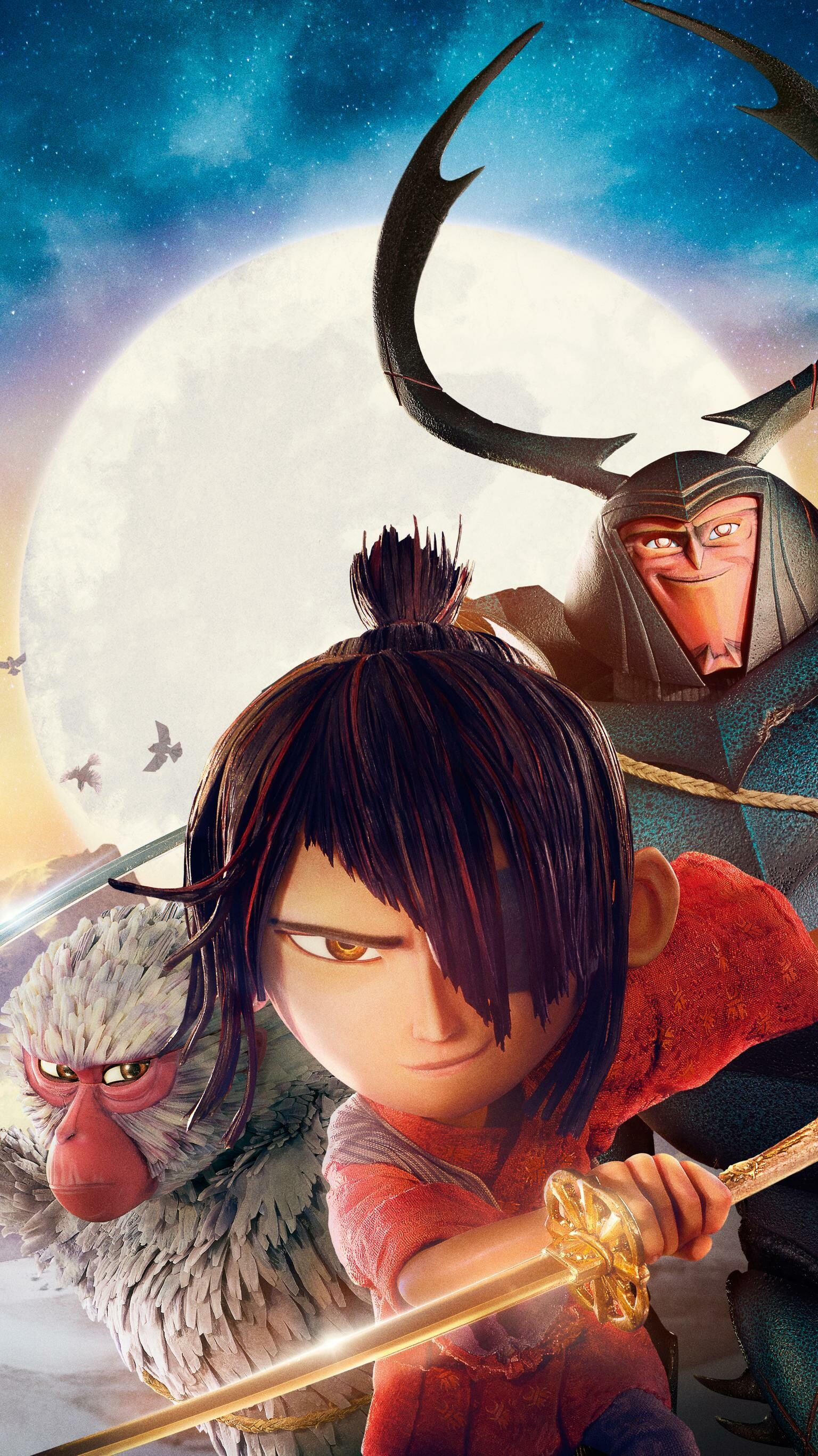 Kubo and the Two Strings: The protagonist accompanied by an anthropomorphic snow monkey and beetle. 1540x2740 HD Wallpaper.