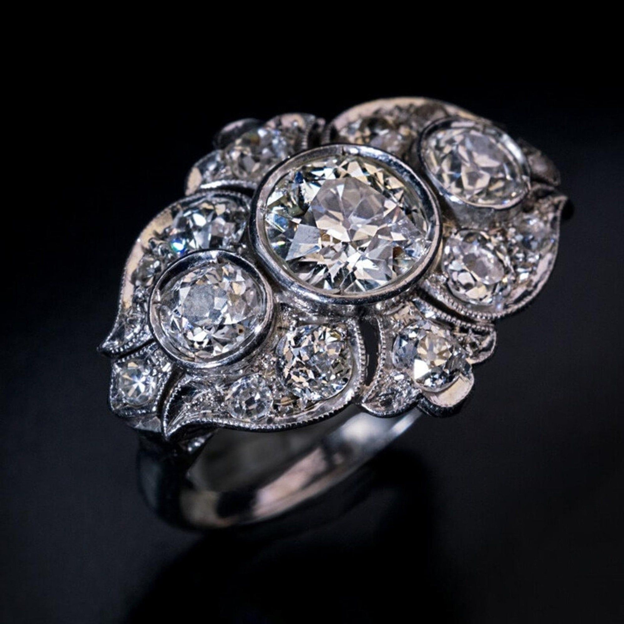 Three-stone old European cut diamond ring, Art deco style, Antique jewelry, Luxurious designs, 2000x2000 HD Handy