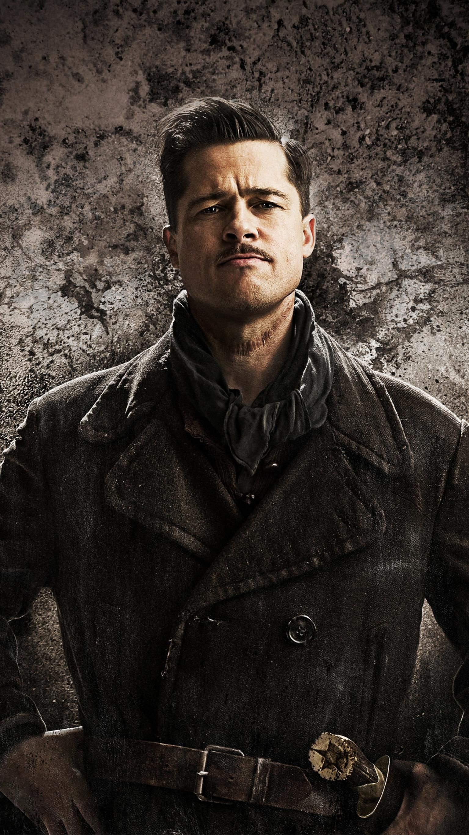 Brad Pitt: Lieutenant Aldo Raine, the battle-hardened commanding officer of the Basterds. 1540x2740 HD Background.