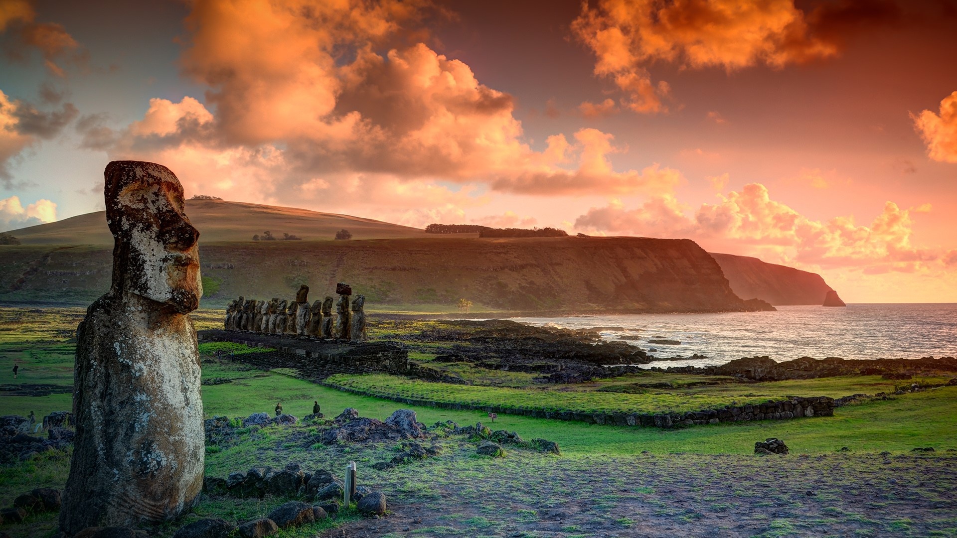 Easter Island, Stunning sunset views, Polynesian paradise, Romantic ambiance, 1920x1080 Full HD Desktop