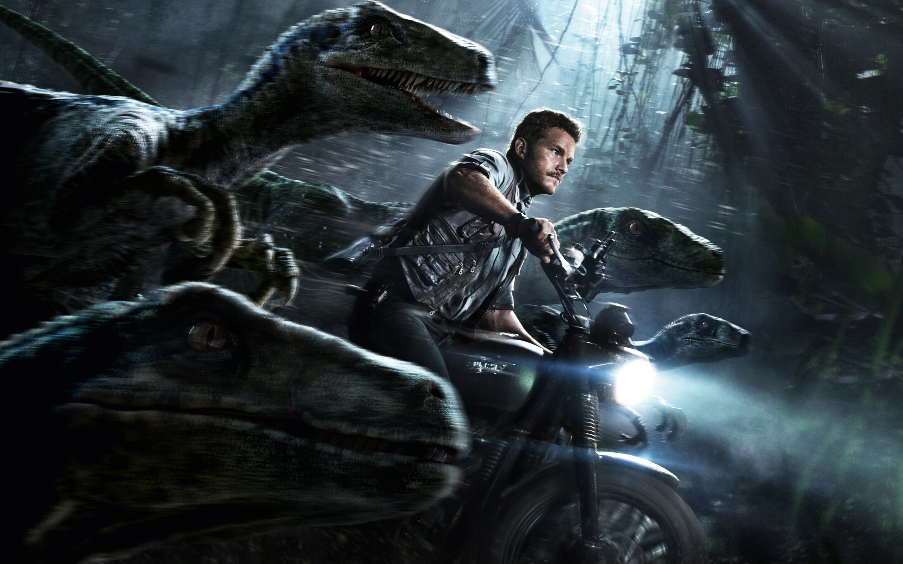 Jurassic World: Chris Pratt as Owen Grady, a Navy veteran and ethologist, and a Velociraptor expert. 2880x1800 HD Wallpaper.