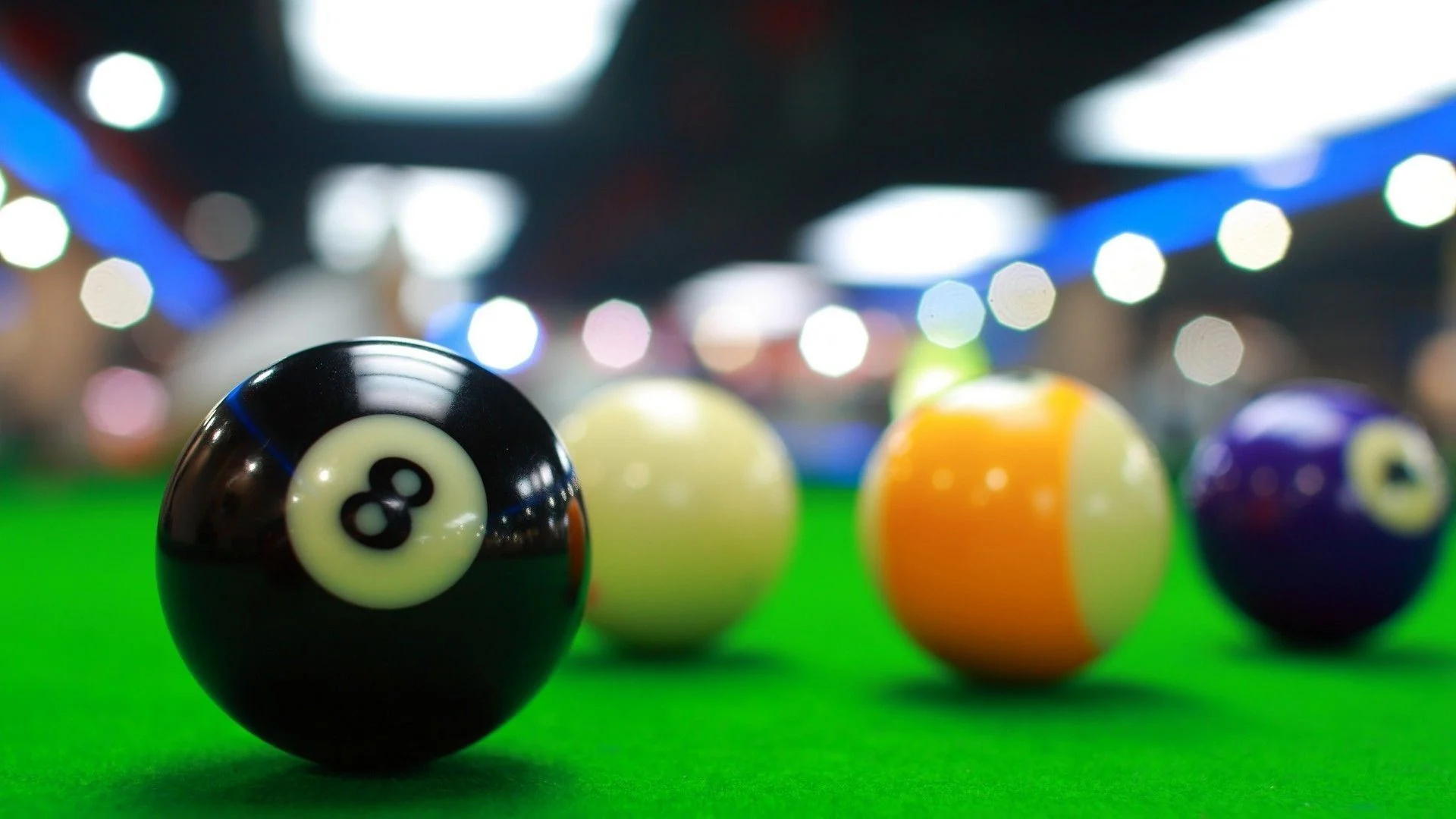 Billiards: The solid black object ball, The symbol of the eight-ball pool game, Pool stick. 1920x1080 Full HD Background.