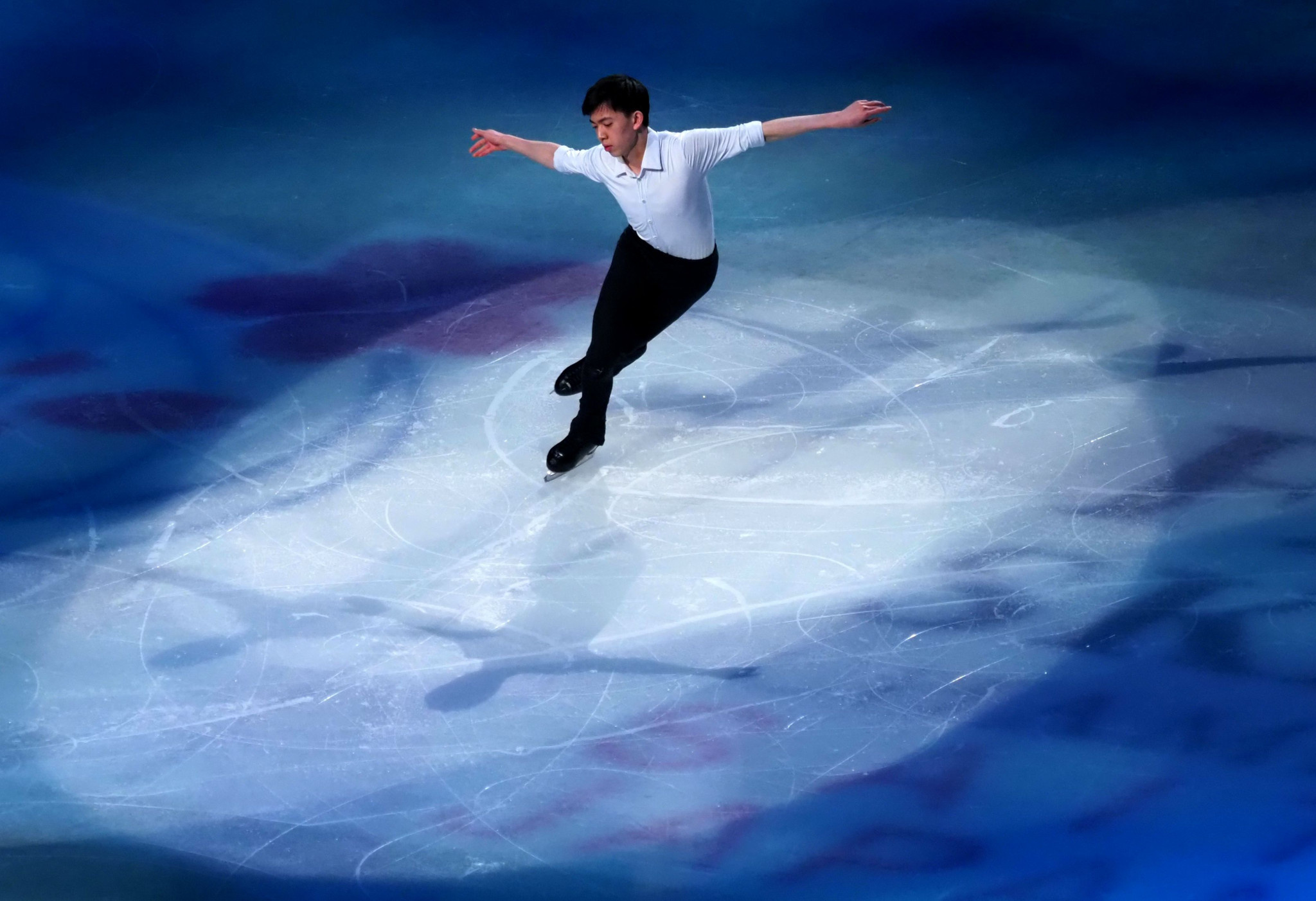 Single Skating: Vincent Zhou, A 2022 Olympic Games team event silver medalist, A two-time World bronze medalist. 2050x1410 HD Background.