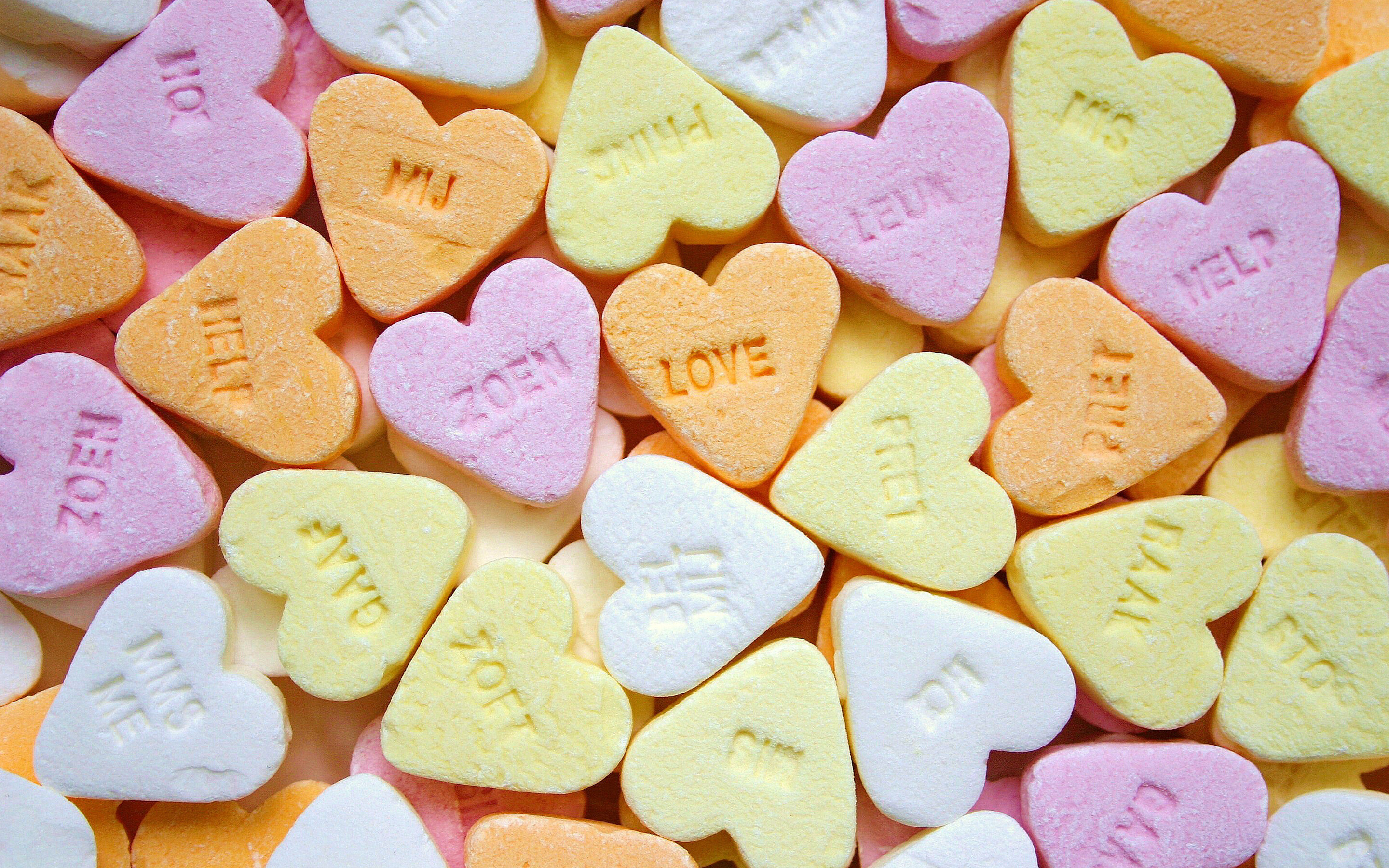 Sweets: Sweethearts, Small heart-shaped sugar candies sold around Valentine's Day. 2880x1800 HD Wallpaper.