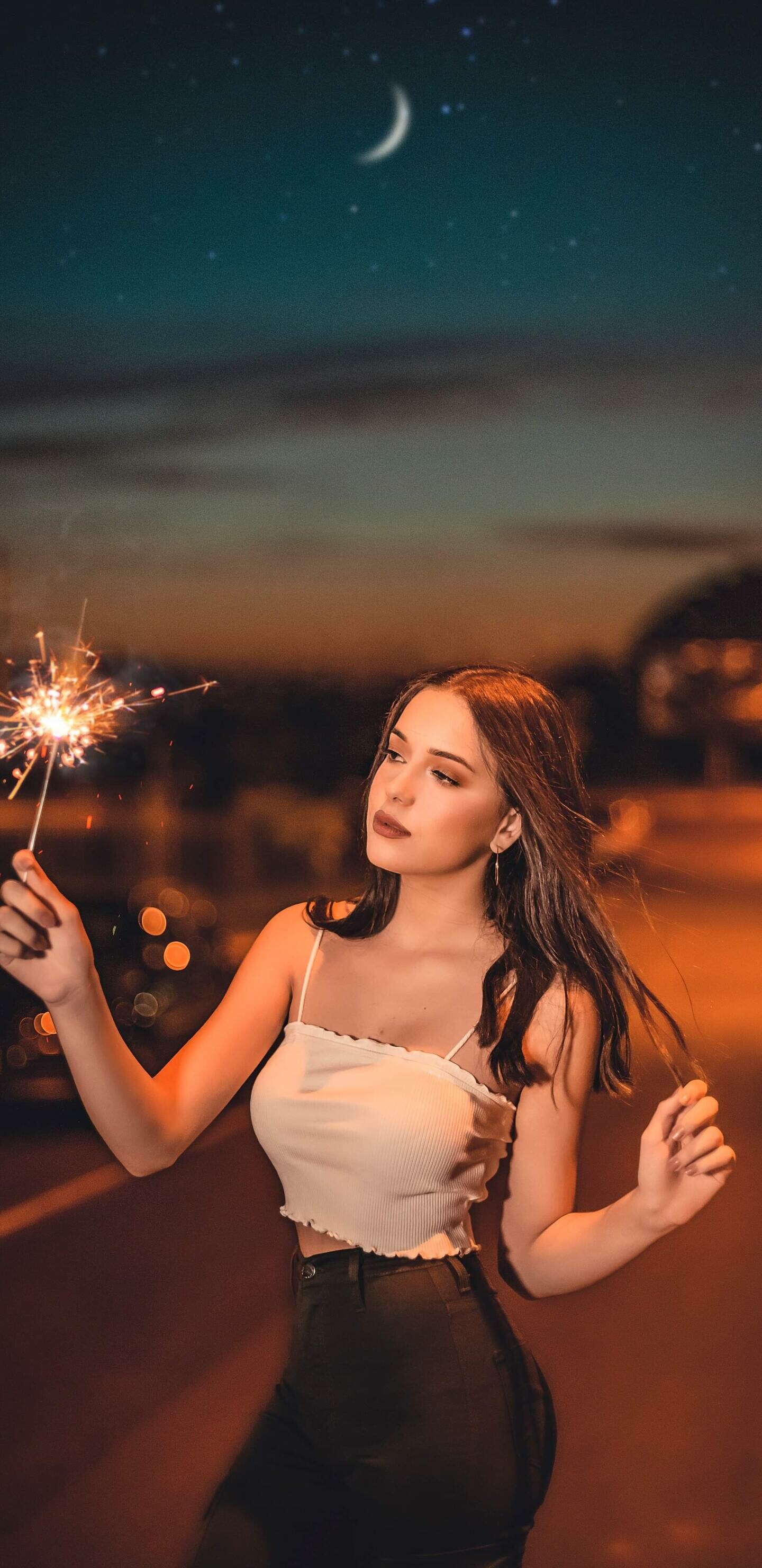 Sparkler, Girl with sparkle fireworks, Samsung Galaxy Note, S9, 1440x2960 HD Phone