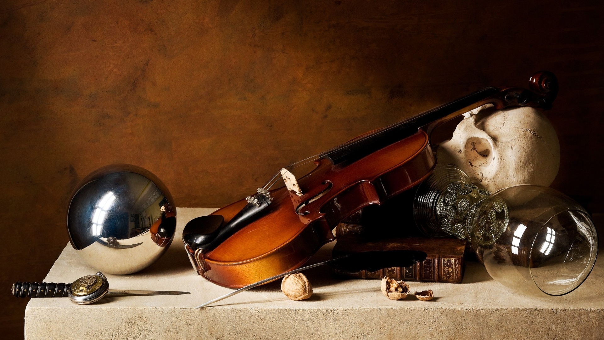 Violin: Musical Instruments In Modern Art, Painting In The Dutch Style Of 17th Century. 1920x1080 Full HD Wallpaper.