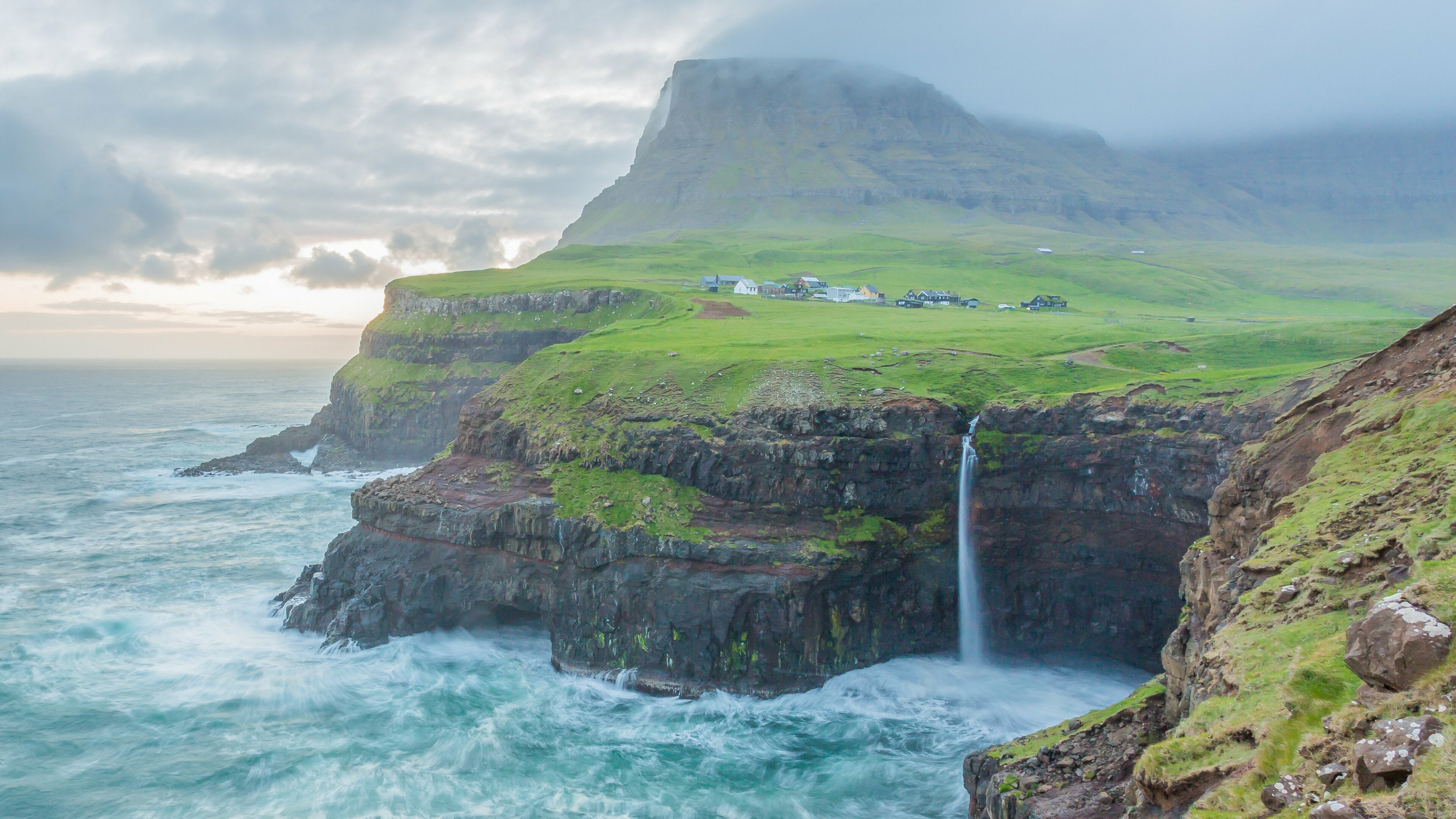 Island: Mulafossur Waterfall, Faroe, Coastal landform. 3840x2160 4K Background.