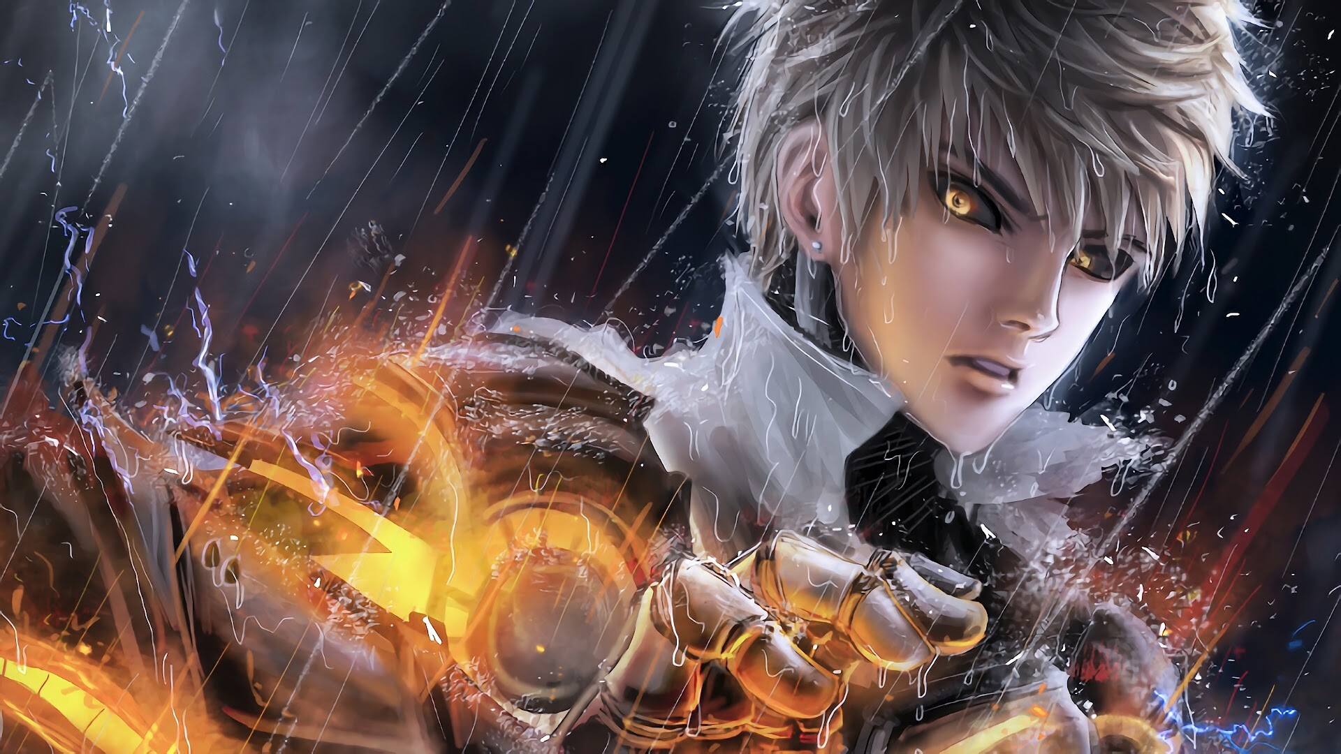 Genos: One-Punch-Man, Demon Cyborg's body is powered by an energy sphere labeled CORE. 1920x1080 Full HD Wallpaper.