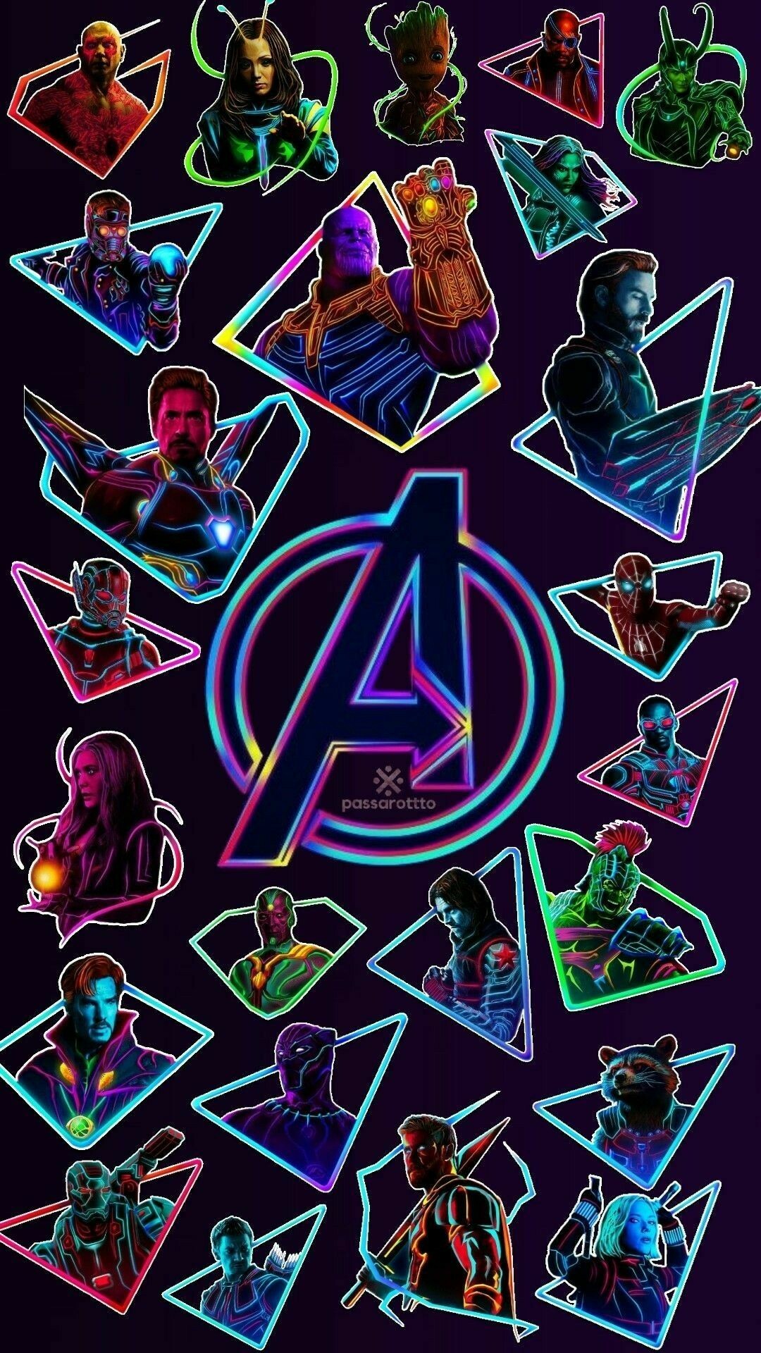 Avengers: Superheroes, Marvel Characters, Neon. 1080x1920 Full HD Background.
