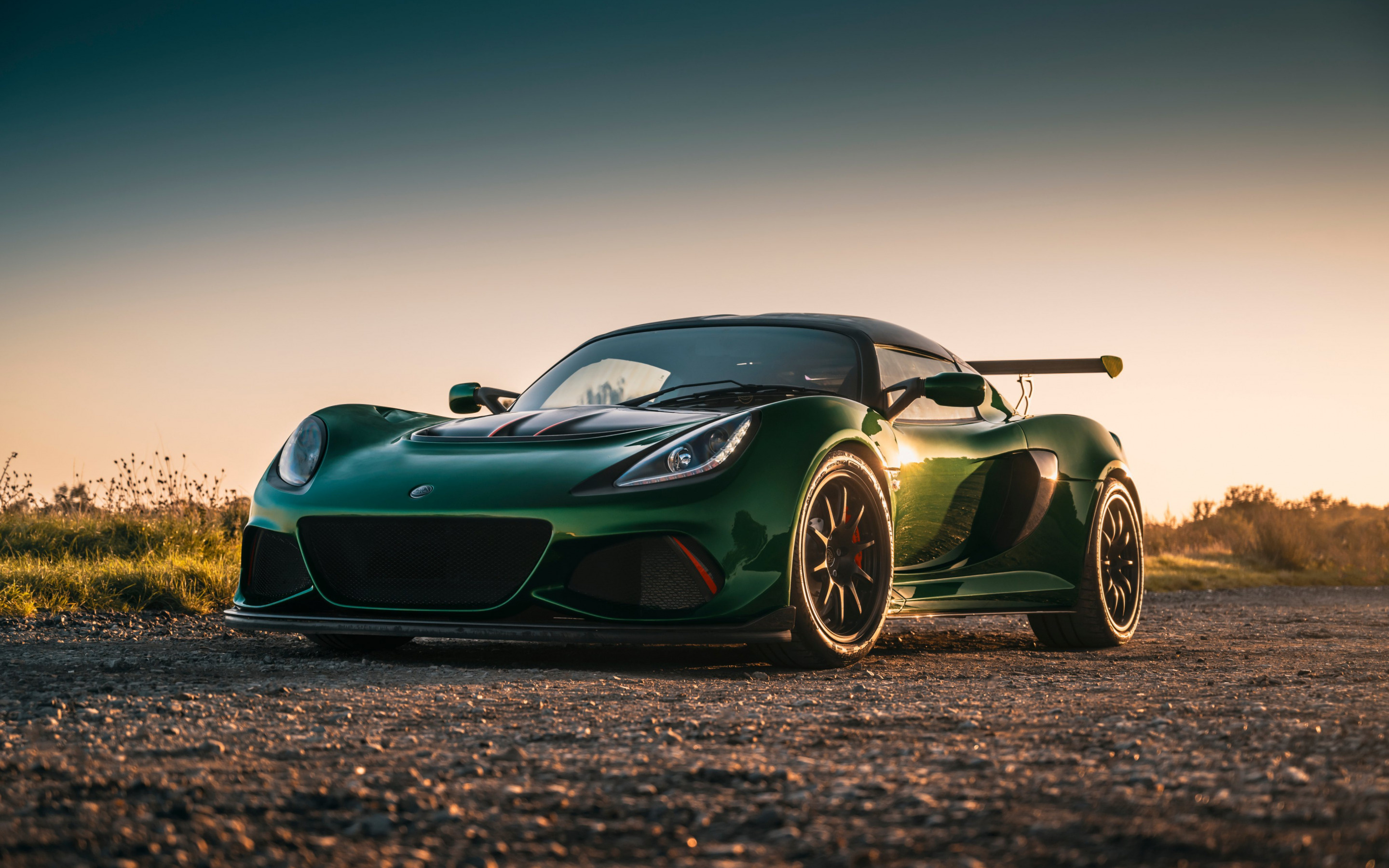Lotus Exige, Green sports coupe, Evening sunset, British sports cars, 2880x1800 HD Desktop