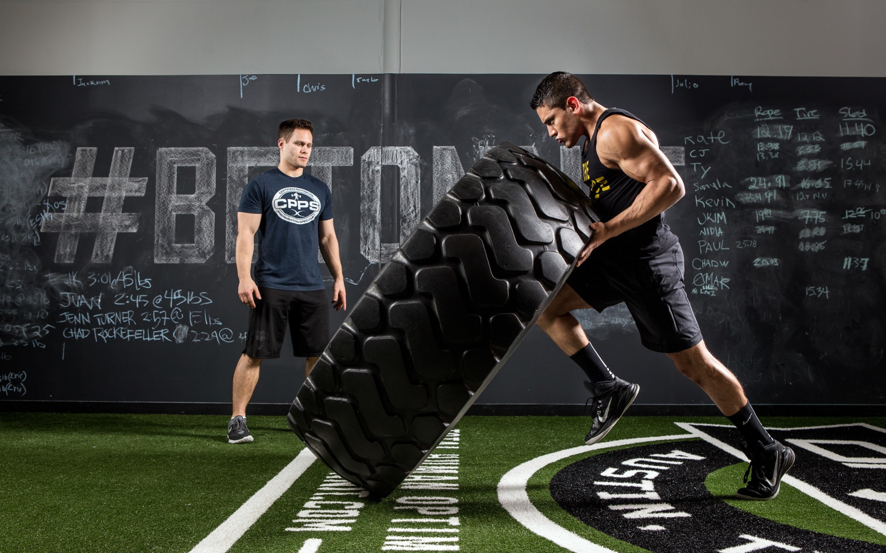 CrossFit: Tire technique, Flipping, Gym, Total-body functional workouts, Power and strength. 2880x1800 HD Background.