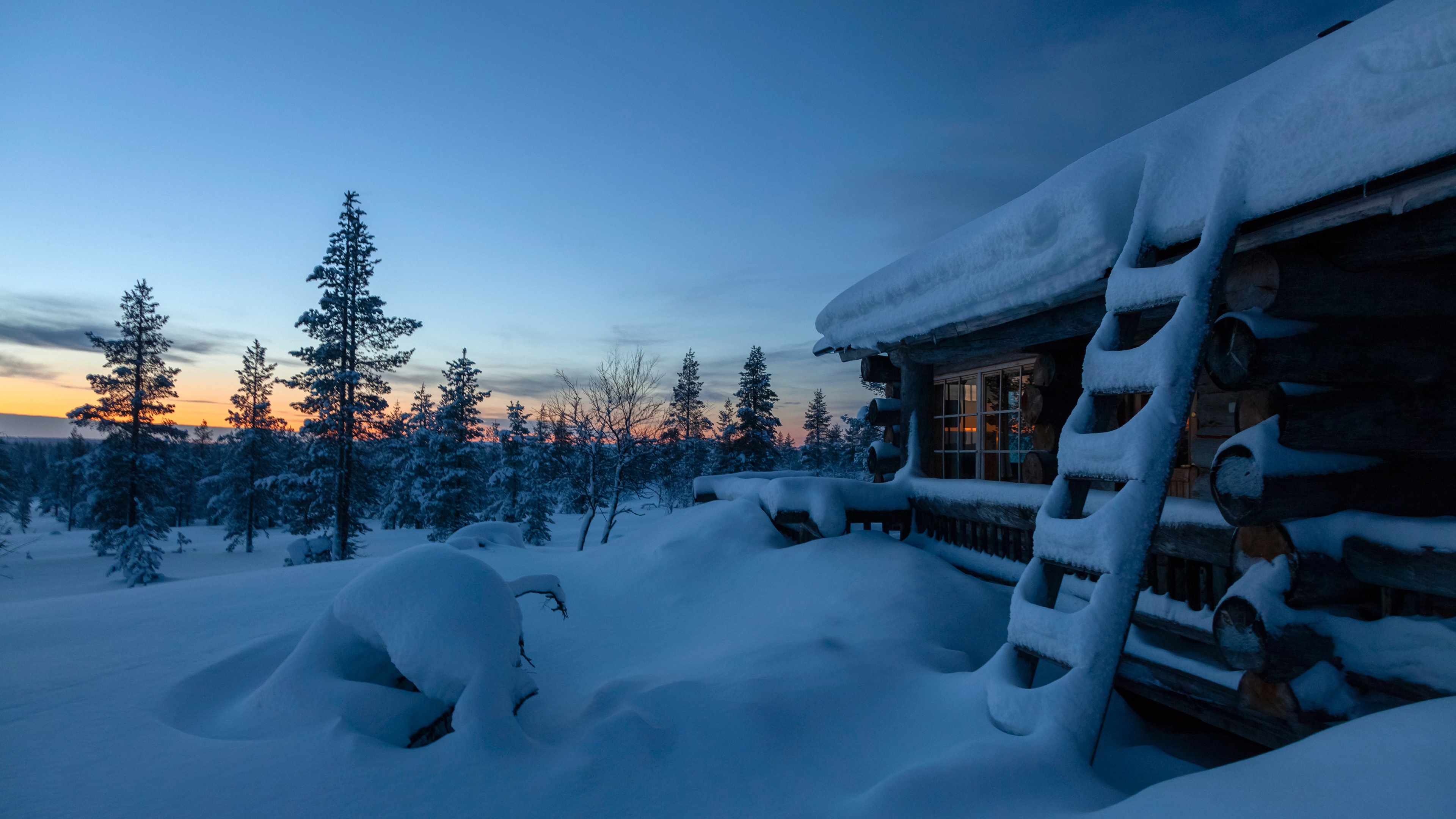 Log Cabin, Snowy sanctuary, Sunset in the woods, Winter serenity, Cozy haven, 3840x2160 4K Desktop