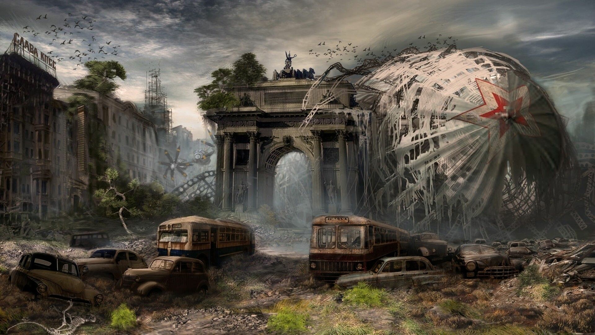 Post-apocalypse: Huge destruction, Ruined city. 1920x1080 Full HD Background.