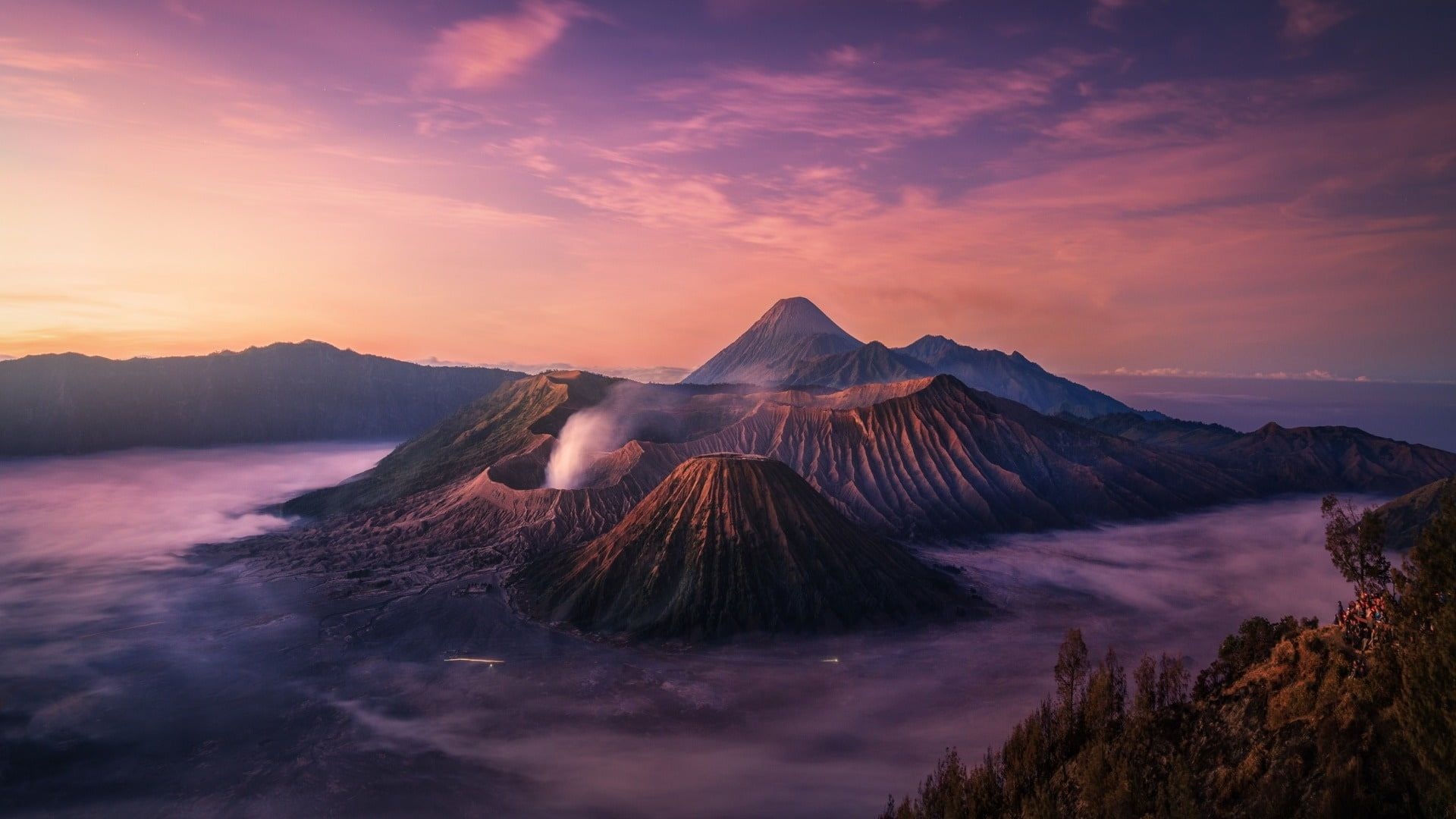 Highland volcanoes, Active volcano, Purple sky, Mountain aesthetic, 1920x1080 Full HD Desktop