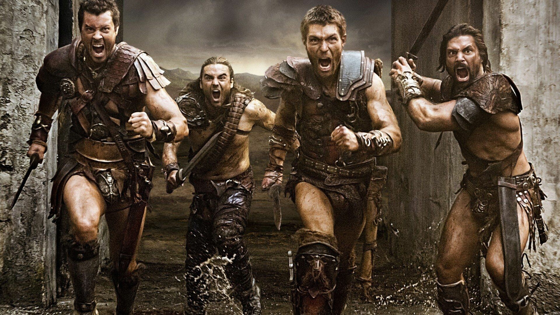 Spartacus: Gods of the Arena: Dustin Clare as Gannicus, Manu Bennett as Crixus, Daniel Feuerriegel as Agron. 1920x1080 Full HD Wallpaper.