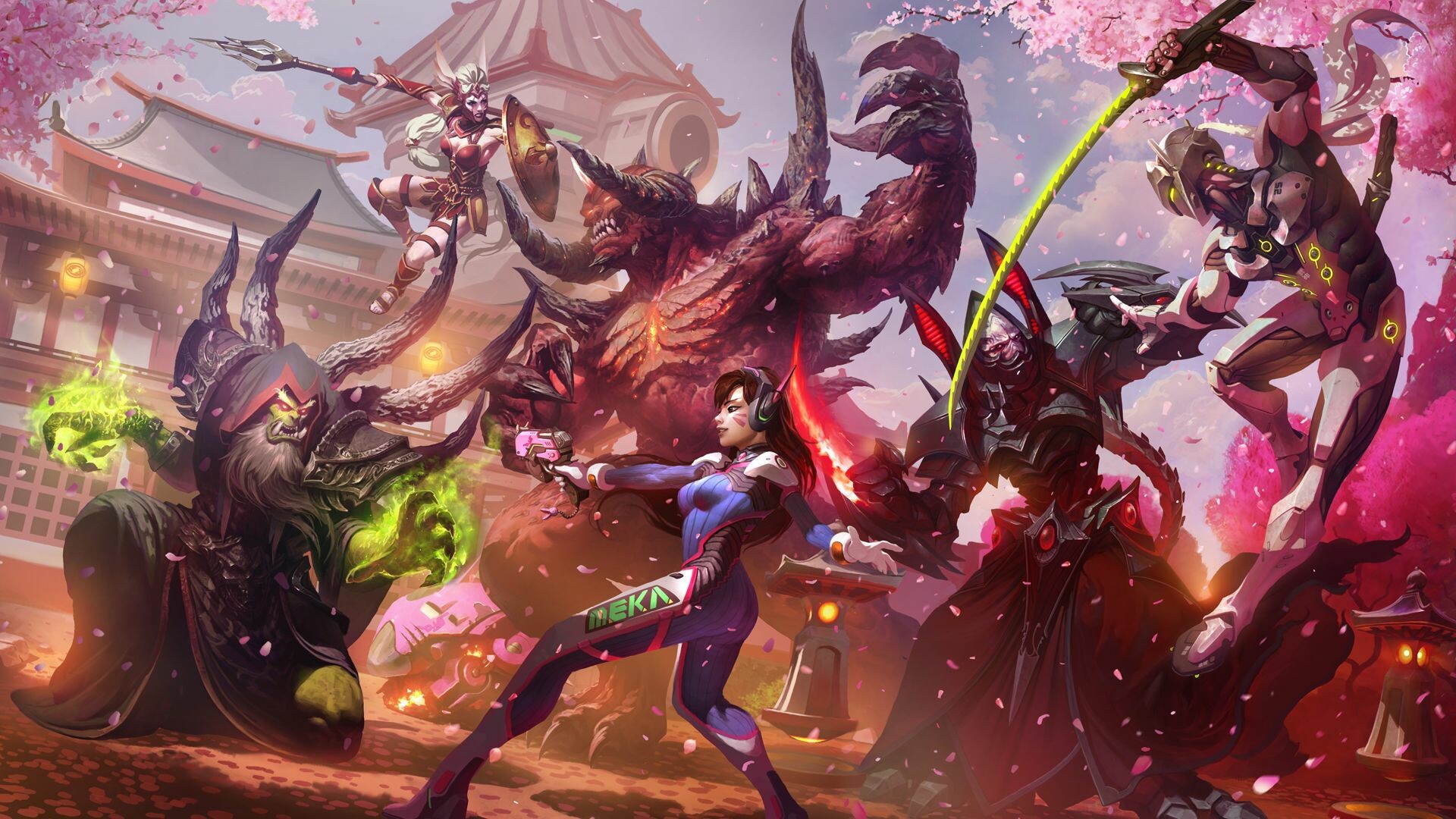 Overwatch: Heroes of the Storm, D.Va, Genji, Massively multiplayer online game. 1920x1080 Full HD Background.