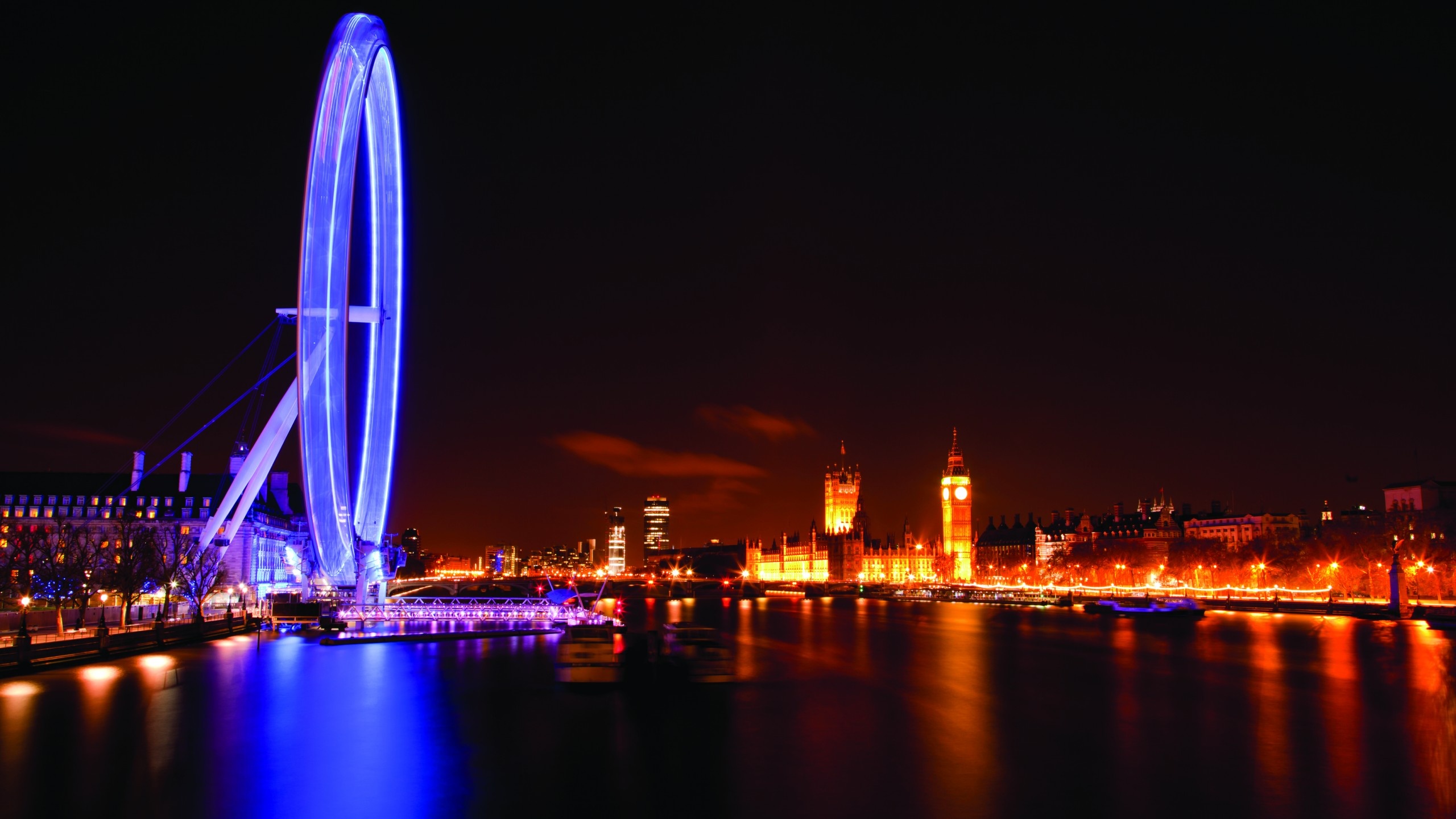 London Eye, Night travel, England tourism, Wallpaper download, 2560x1440 HD Desktop