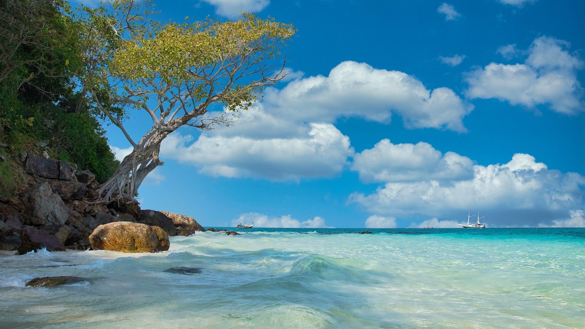 Beach daytime wallpaper, Tropical vibes, Sun-kissed shores, Desktop tranquility, 1920x1080 Full HD Desktop