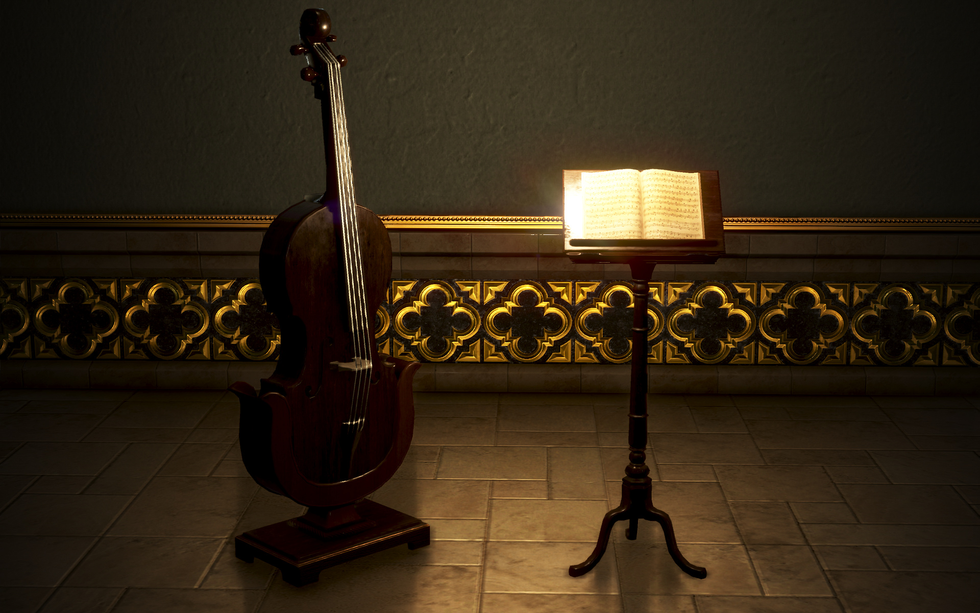 Double Bass: Pulpit With Notes, 3D-Graphics, Wooden Bridge, The Strings Run From A Tailpiece To The Pegbox. 1920x1200 HD Background.