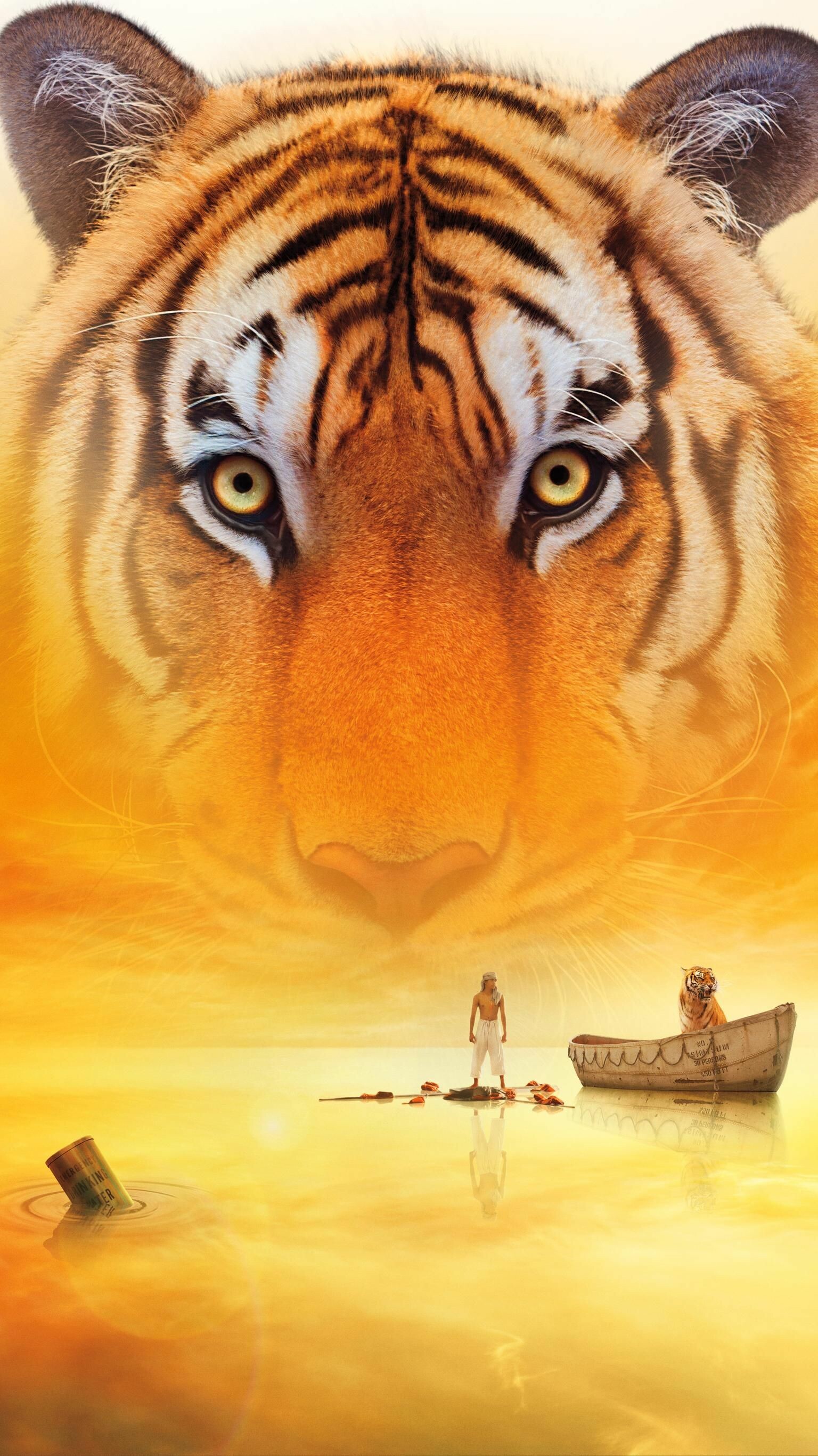 Life of Pi: The storyline revolves around two survivors of a shipwreck, a sixteen-year-old Indian boy and a ferocious Bengal tiger. 1540x2740 HD Wallpaper.