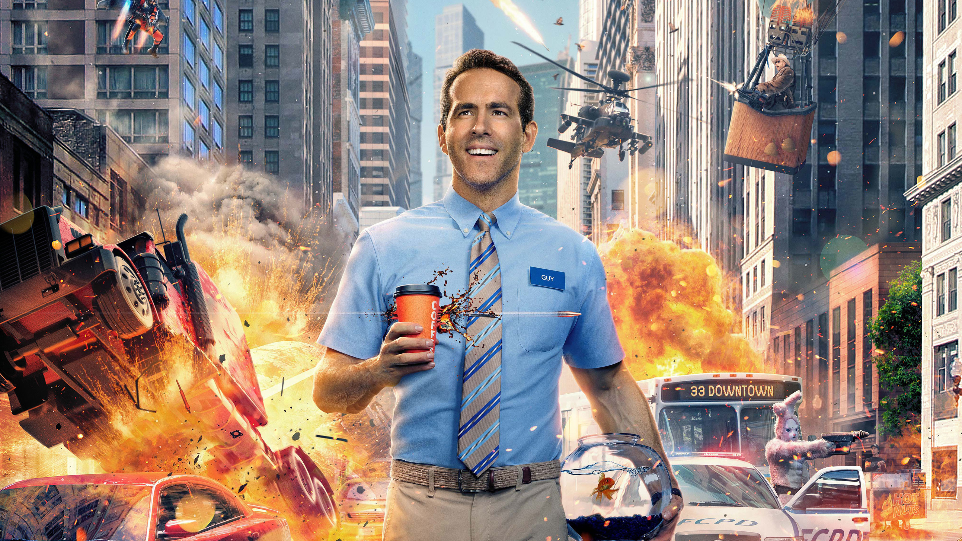 Ryan Reynolds: Played Blue Shirt Guy in a 2021 American action comedy film, Free Guy. 3840x2160 4K Background.