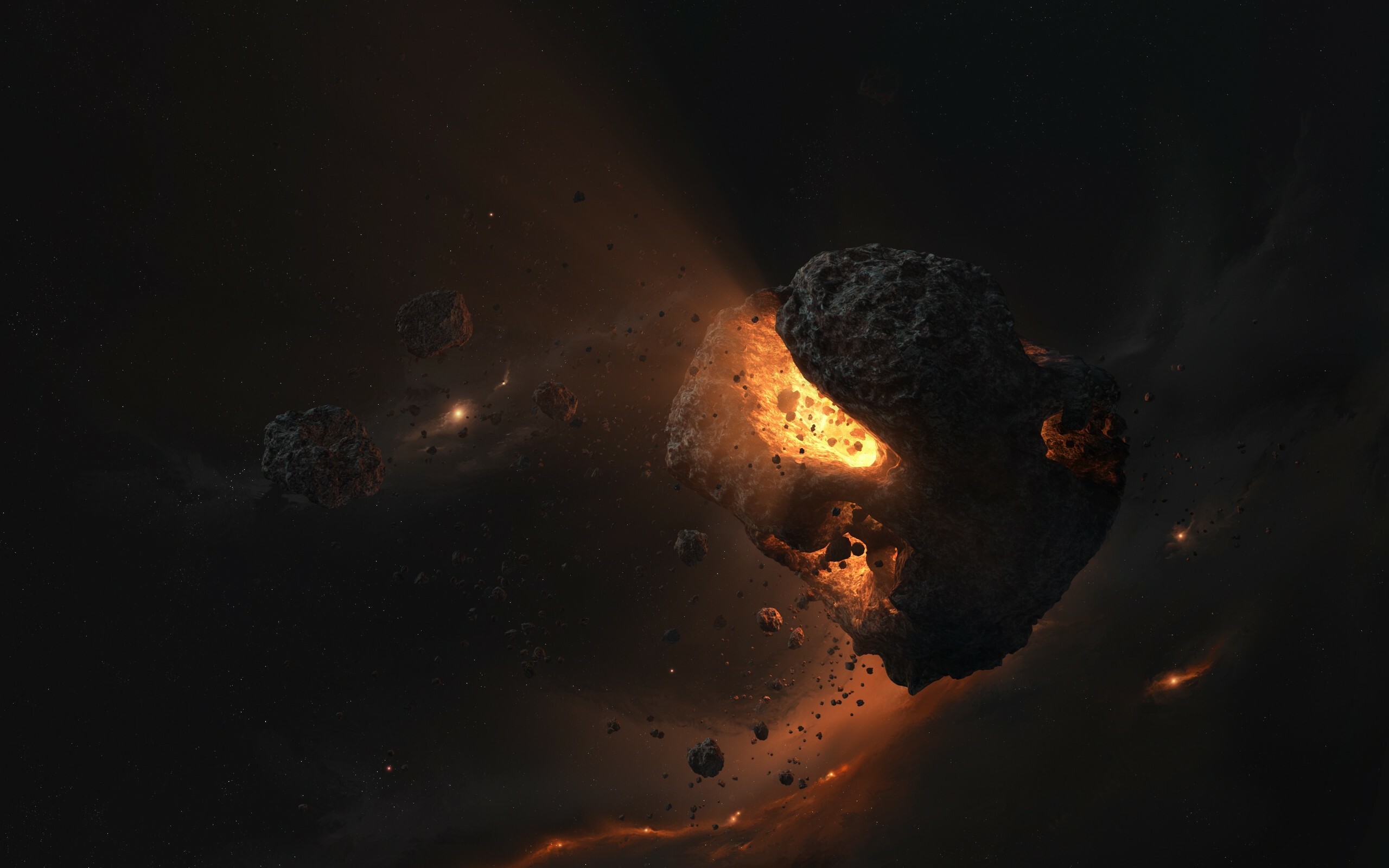 Asteroid, Nebula backdrop, Spacey landscapes, Havoc and destruction, 2560x1600 HD Desktop