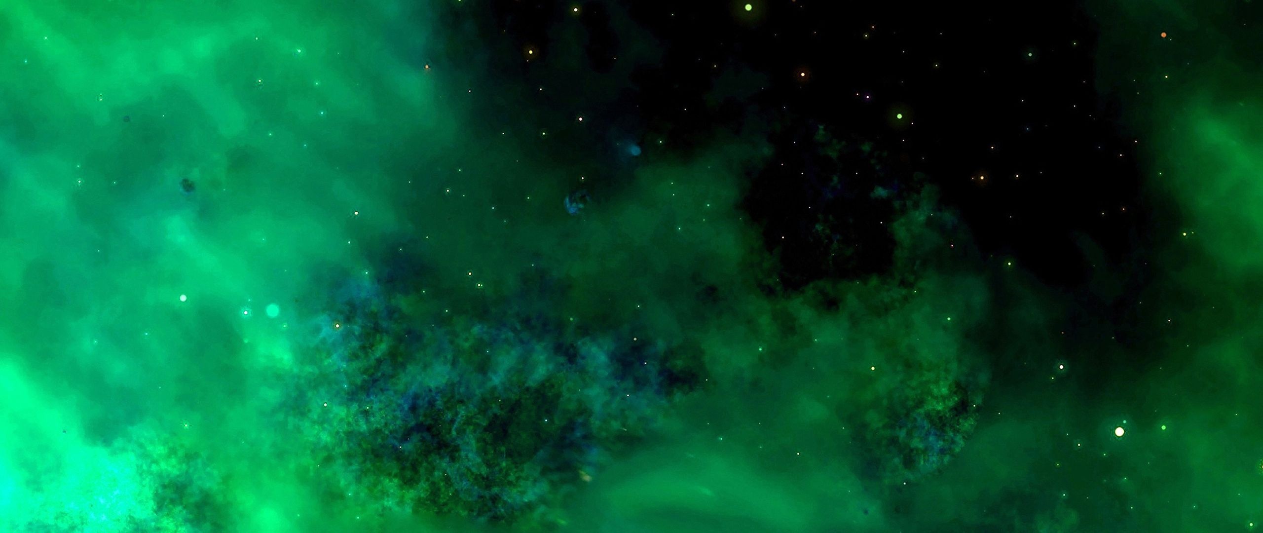 Green Nebula: Emerald green formation of space dust and the result of star explosion. 2560x1080 Dual Screen Wallpaper.