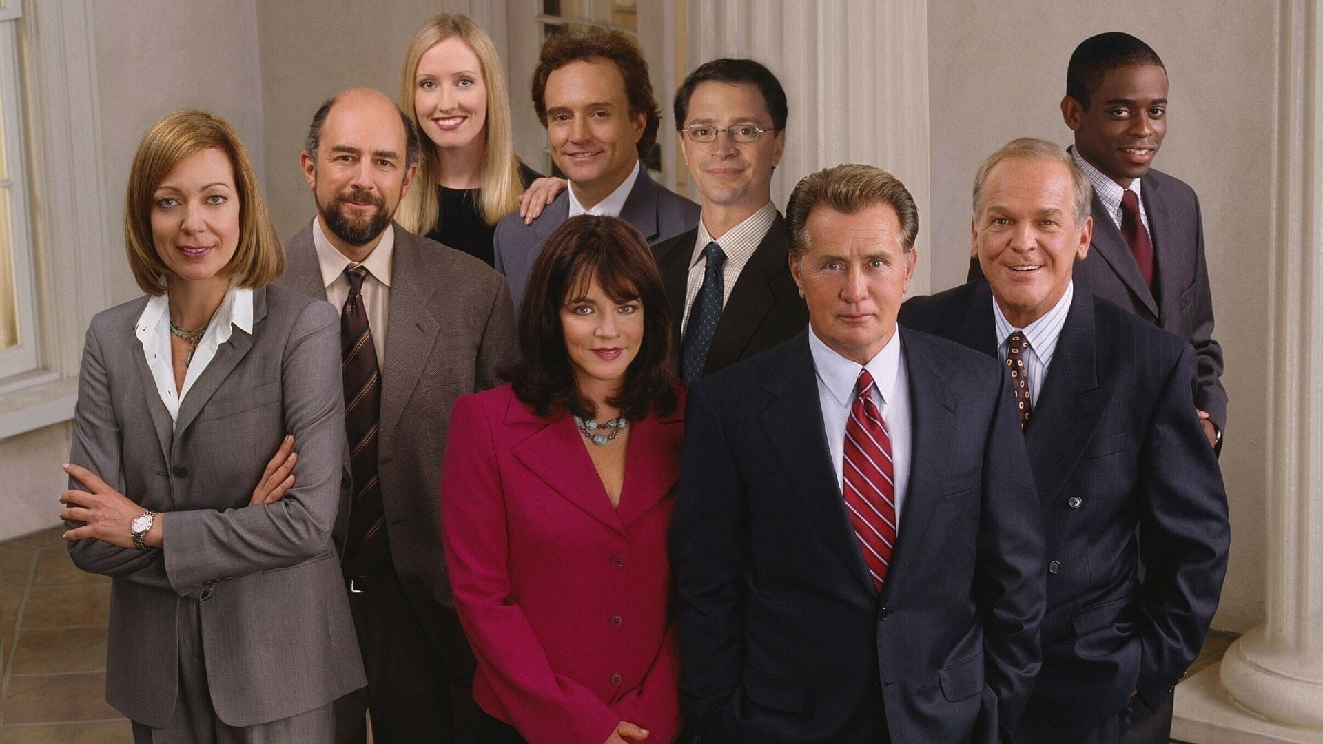 The West Wing (TV Series): Martin Sheen as Jed Bartlet, John Spencer as Leo McGarry, Allison Janney as CJ Cregg. 1920x1080 Full HD Background.