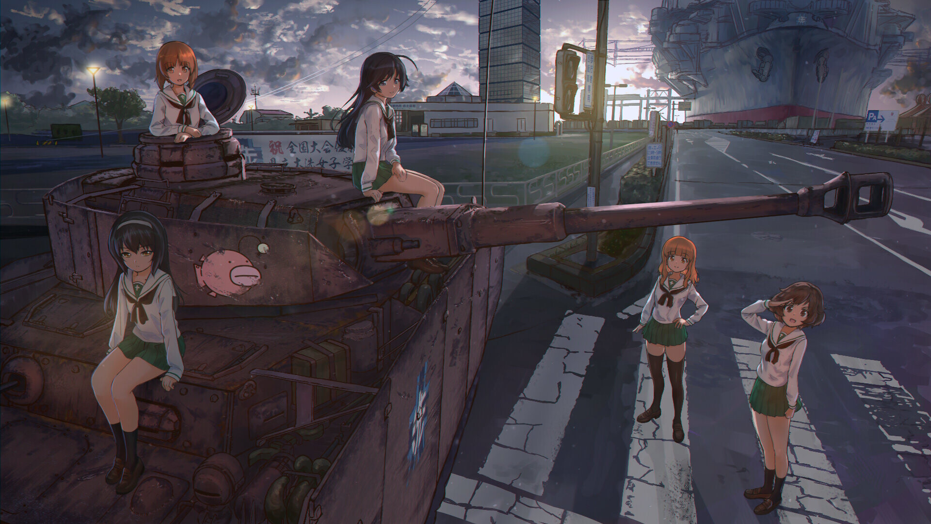 Girls und Panzer: The Anglerfish Team, Five second year students from Ooarai Girls Academy, Miho, Saori, Hana, Yukari, Mako. 1920x1080 Full HD Background.