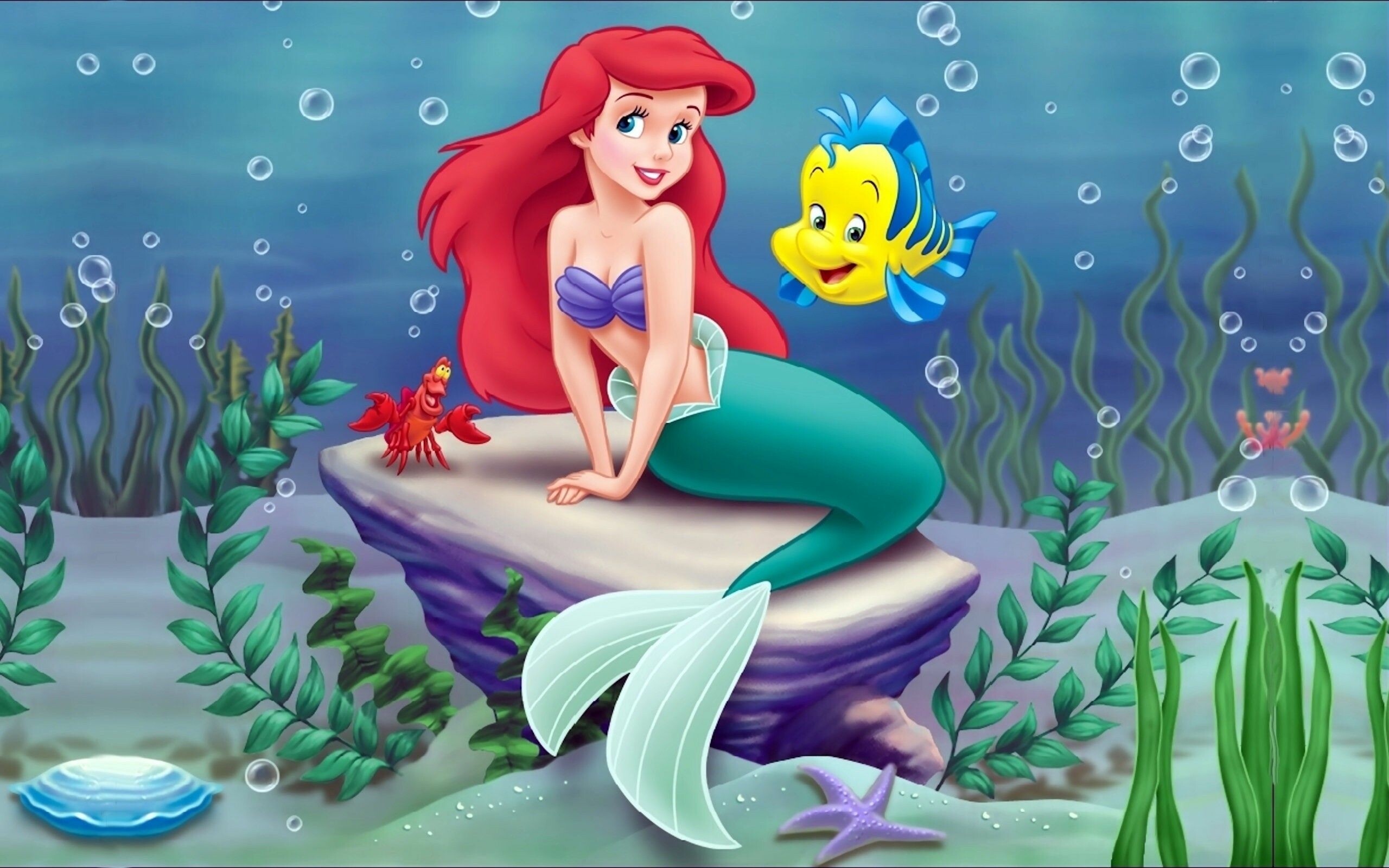 The Little Mermaid: Ariel, Flounder, A bright yellow and blue colored tropical fish. 2560x1600 HD Wallpaper.