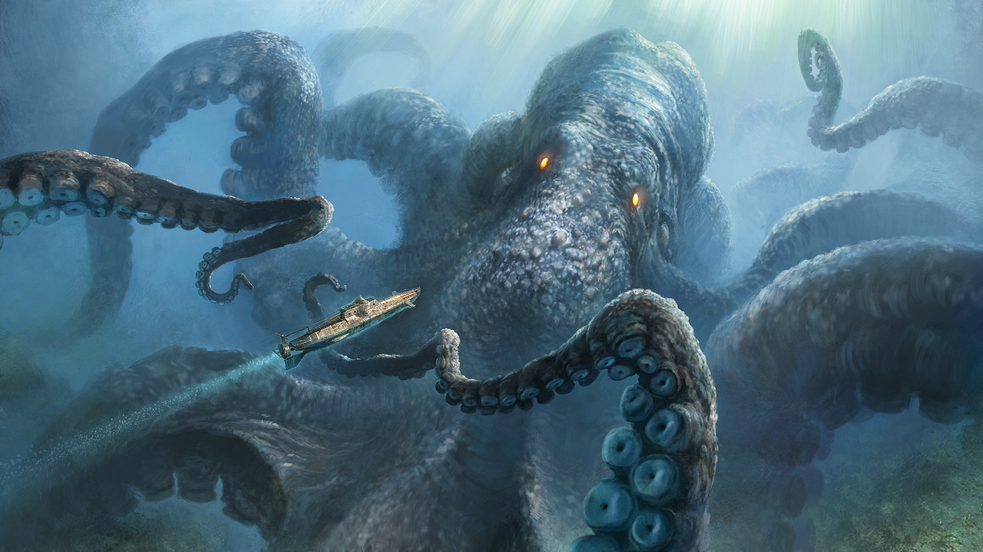 Kraken creature art, Dark fantasy wallpaper, Mysterious sea entity, Mythical monster, 1920x1080 Full HD Desktop