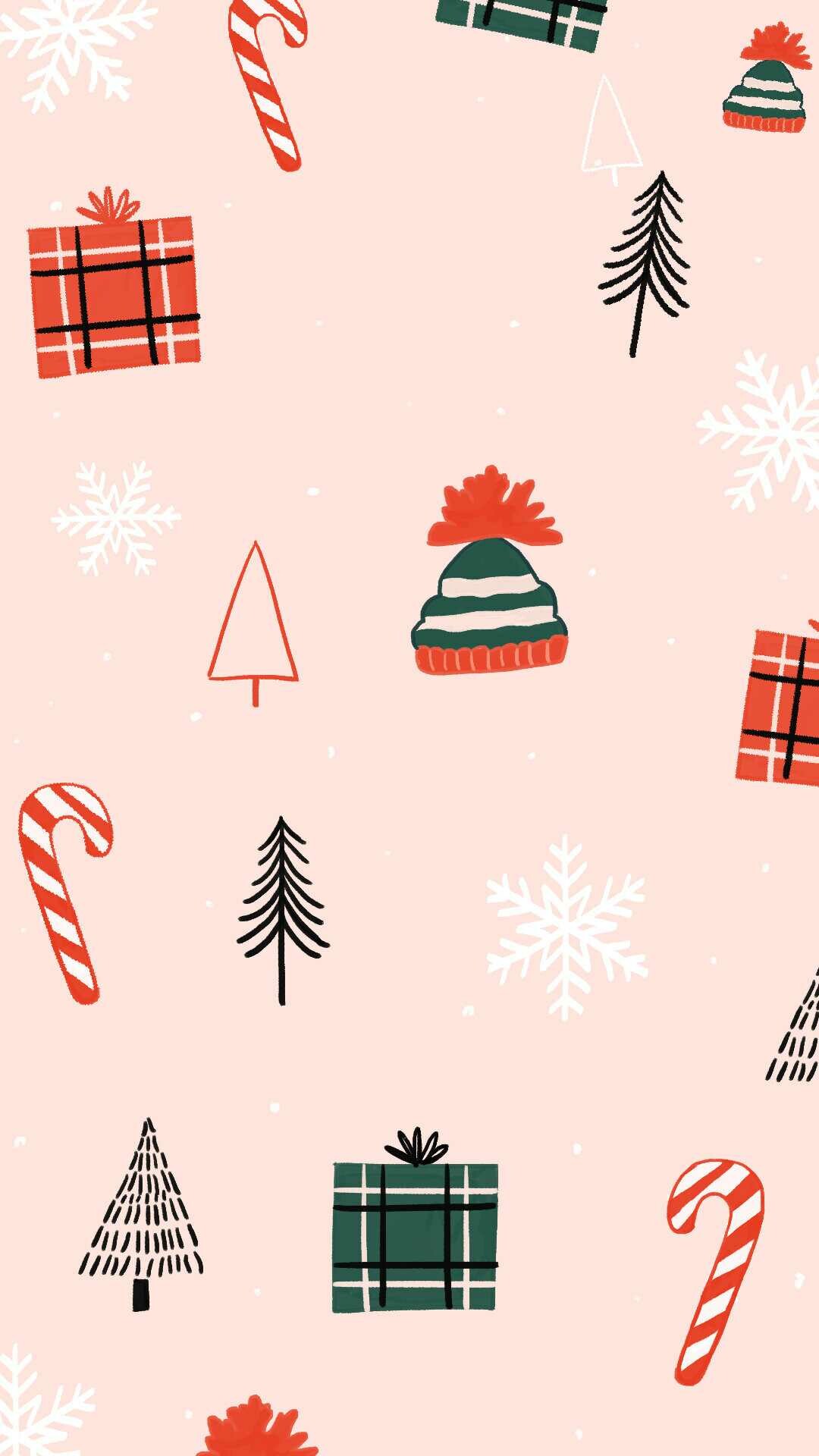 Christmas: Xmas symbols, Gifts, Candy Canes, Minimalistic. 1080x1920 Full HD Background.