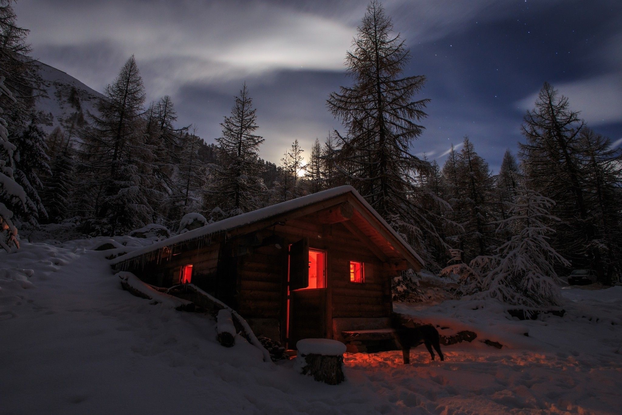 Landscape photography, Winter cabin, Forest, Mountains, Moonlight, 2050x1370 HD Desktop