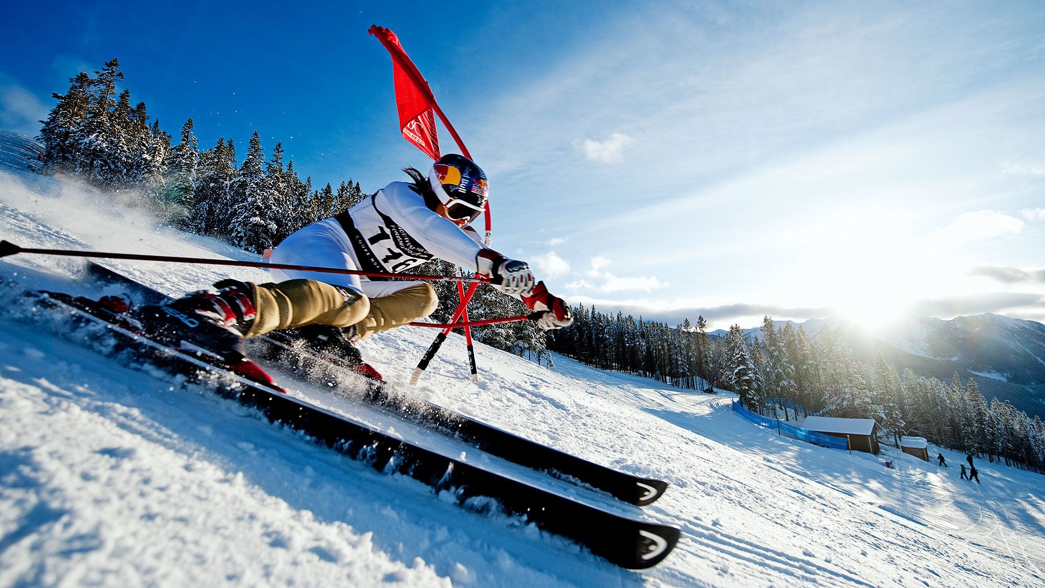 Alpine Skiing: The sport of gliding on snow, Downhill between obstacles, Winter activity. 2050x1160 HD Background.