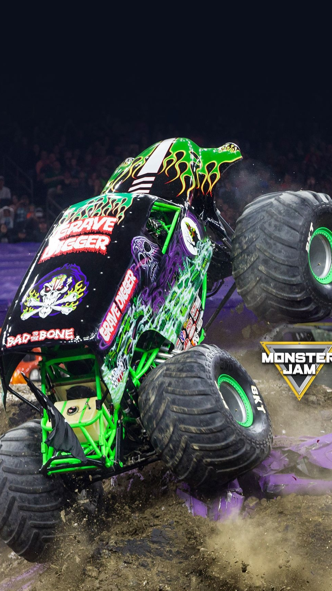 Monster Truck: Grave Digger, The truck's wild reputation, Green flames, Letters dripping blood, A foggy graveyard scene. 1080x1920 Full HD Wallpaper.